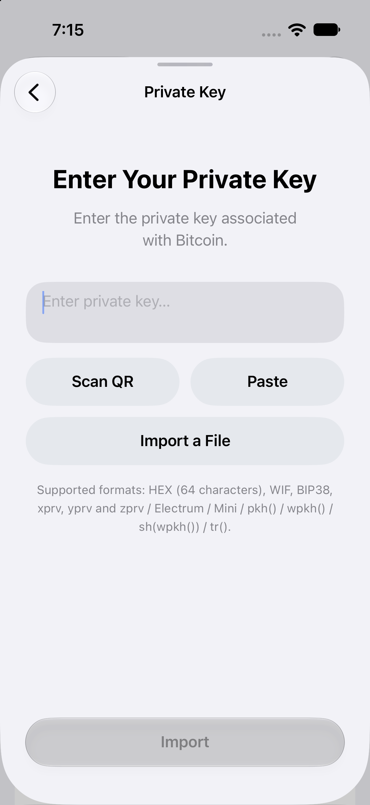 Aperture 3.5.4 Bitcoin private-key import screen with an empty input, Scan QR, Paste, Import a File, and supported-format guidance.