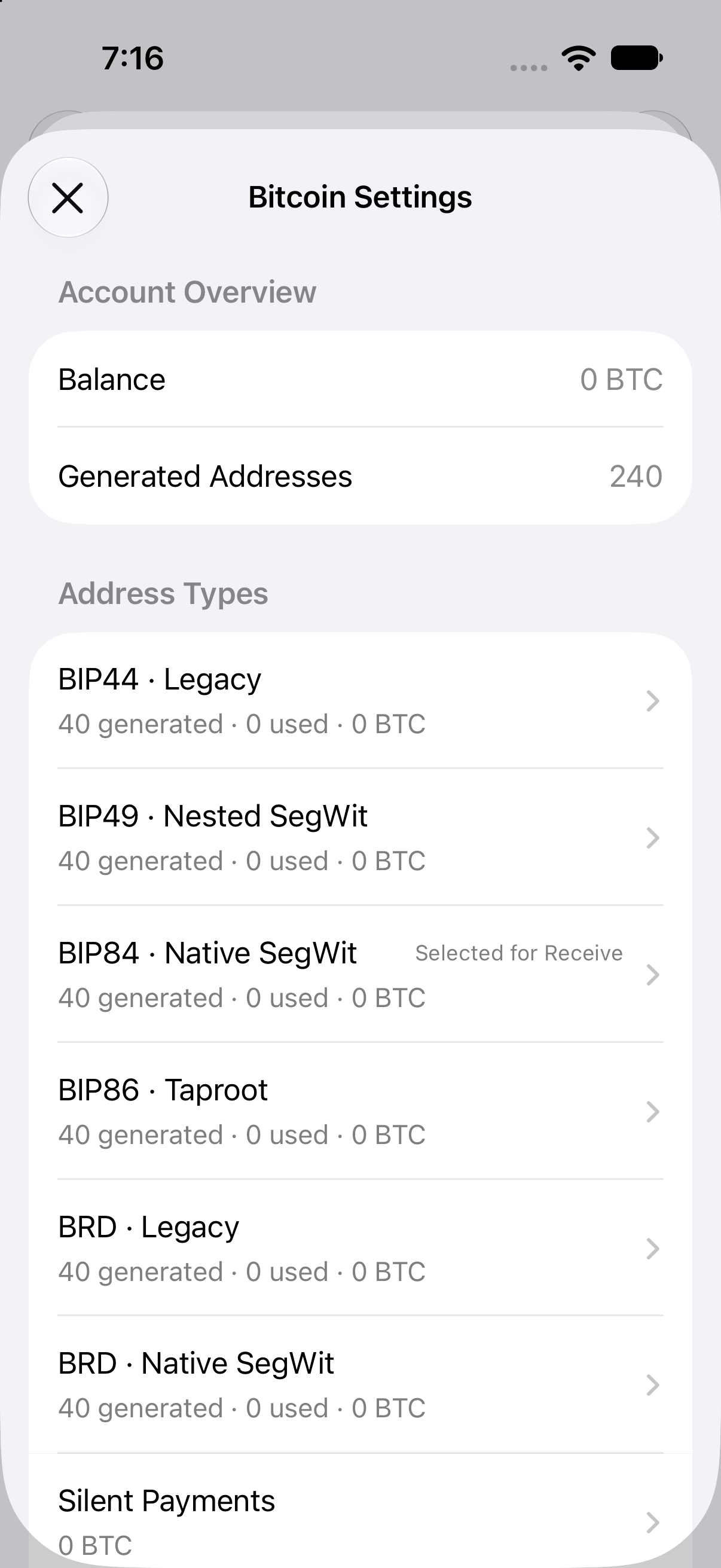 Aperture Bitcoin Settings lists Legacy, Nested SegWit, Native SegWit, Taproot, BRD Legacy, BRD Native SegWit, and Silent Payments.
