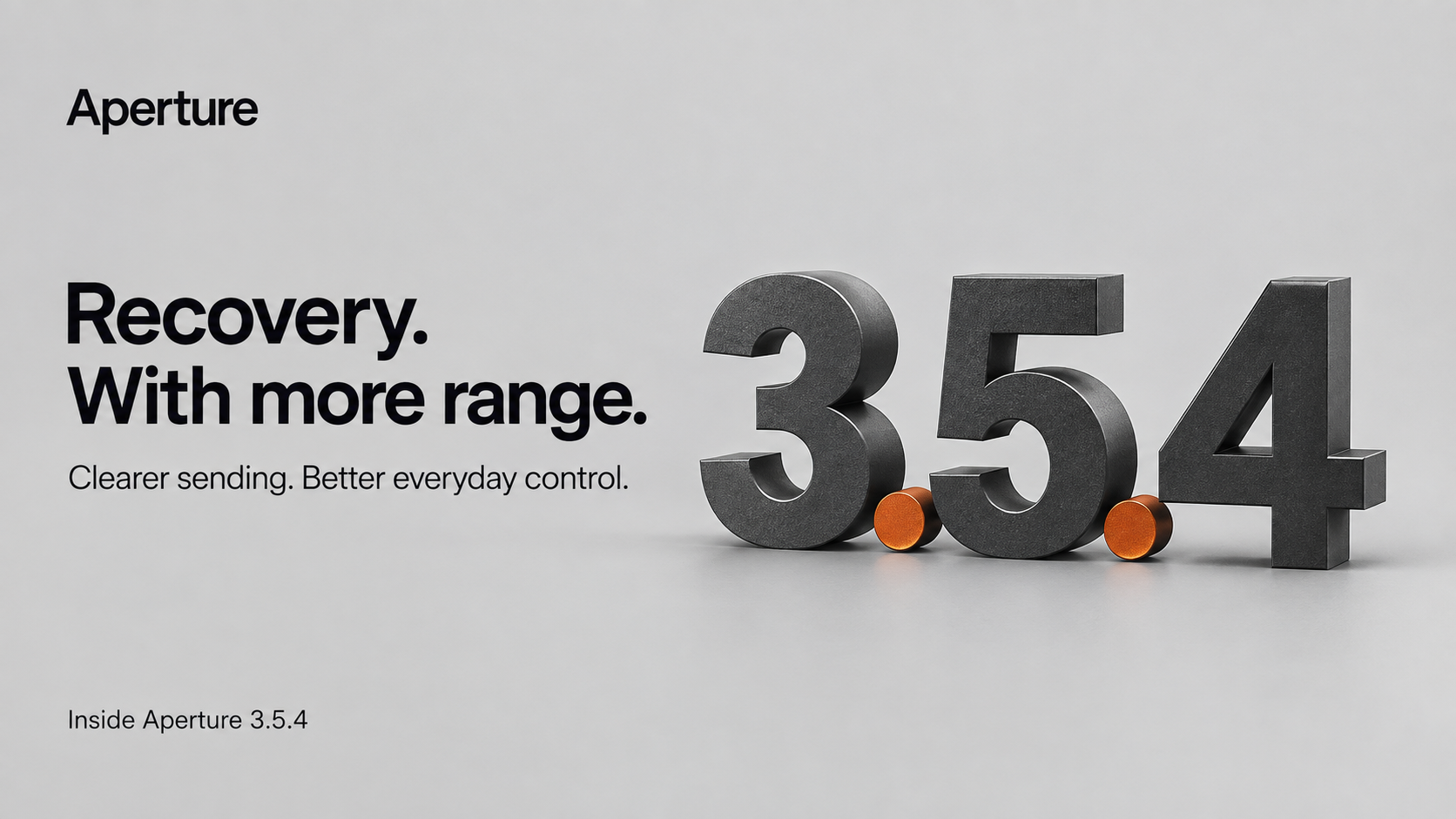 Aperture 3.5.4 editorial cover with graphite numerals, orange decimal points, and the headline Recovery. With more range. on a silver-gray surface.