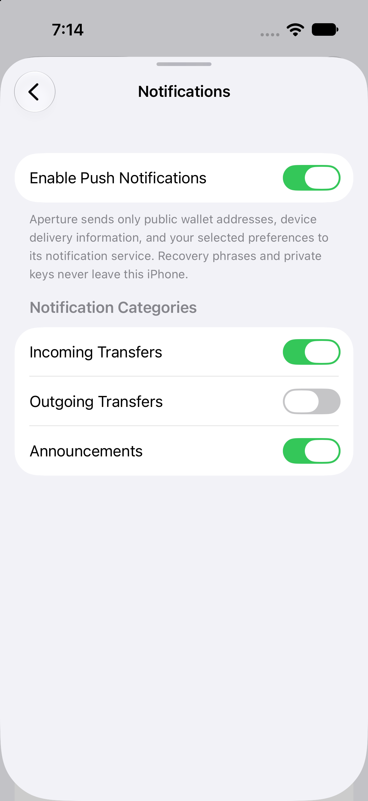 Aperture notification settings with master, incoming transfer, outgoing transfer, and announcement switches, plus a privacy explanation.