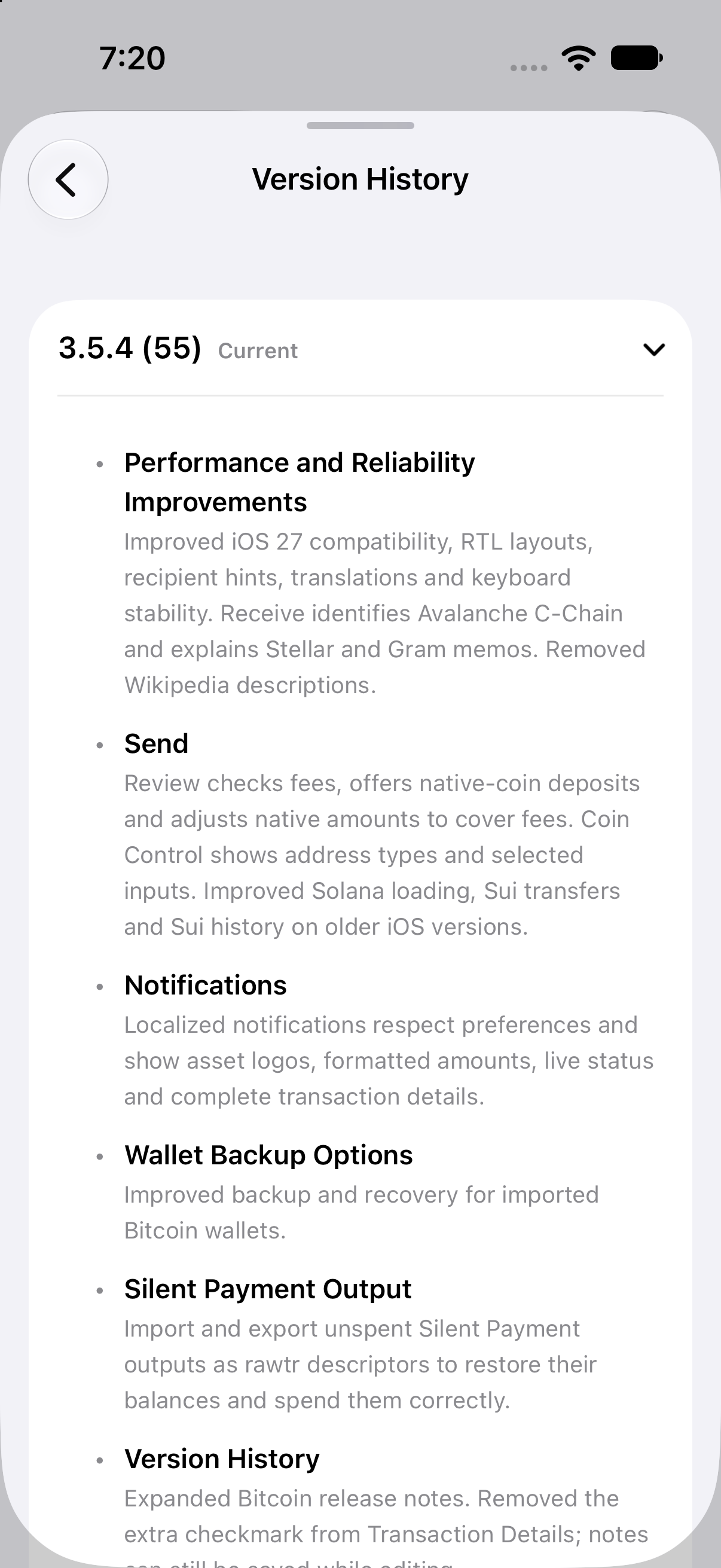 Aperture Version History expanded for 3.5.4 build 55, with performance, Send, notifications, backup, and Silent Payment recovery notes.