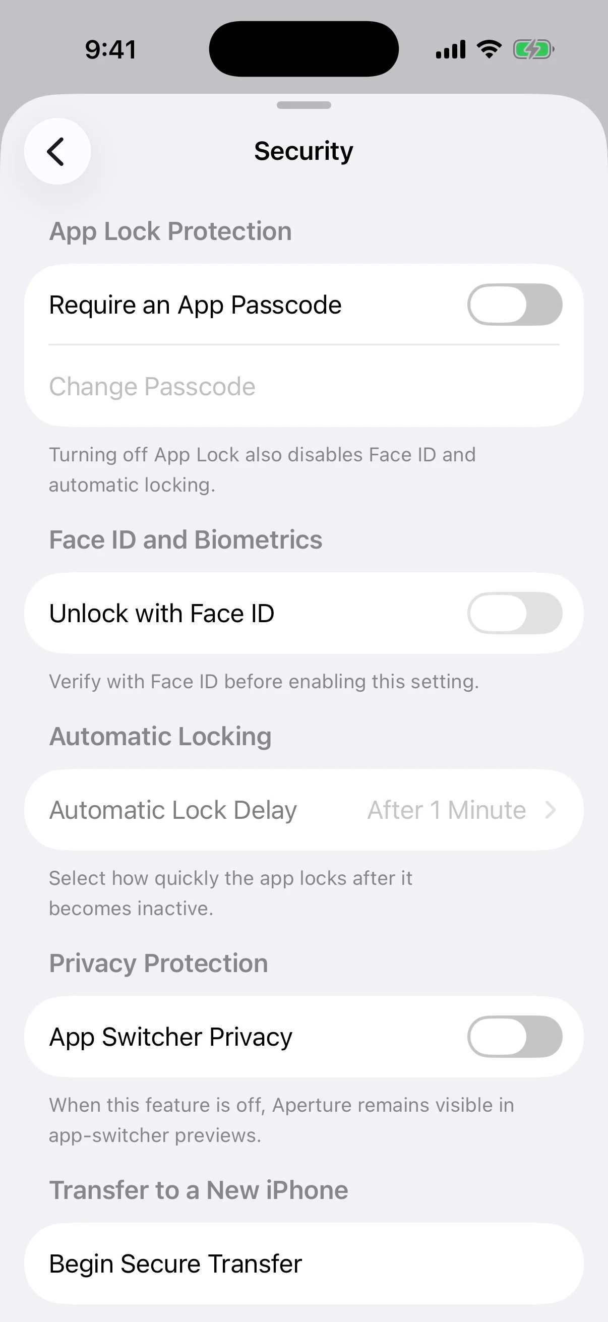 Aperture Security settings before App Lock is configured Real Aperture Security settings in the iOS Simulator before App Lock and App Switcher Privacy are enabled
