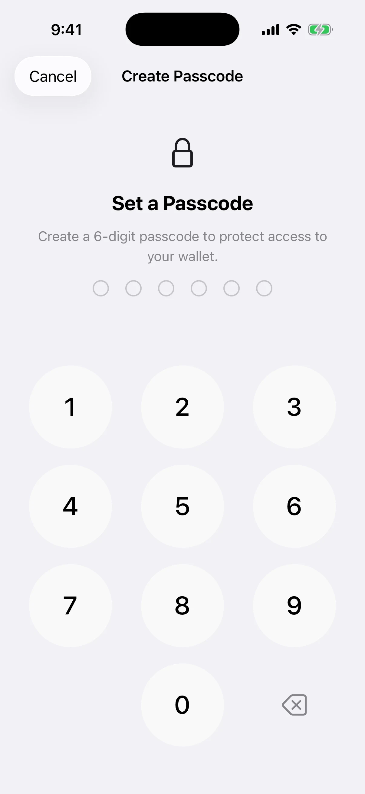 Create the six-digit Aperture app passcode Real Aperture Create Passcode screen in the iOS Simulator before any digit is entered