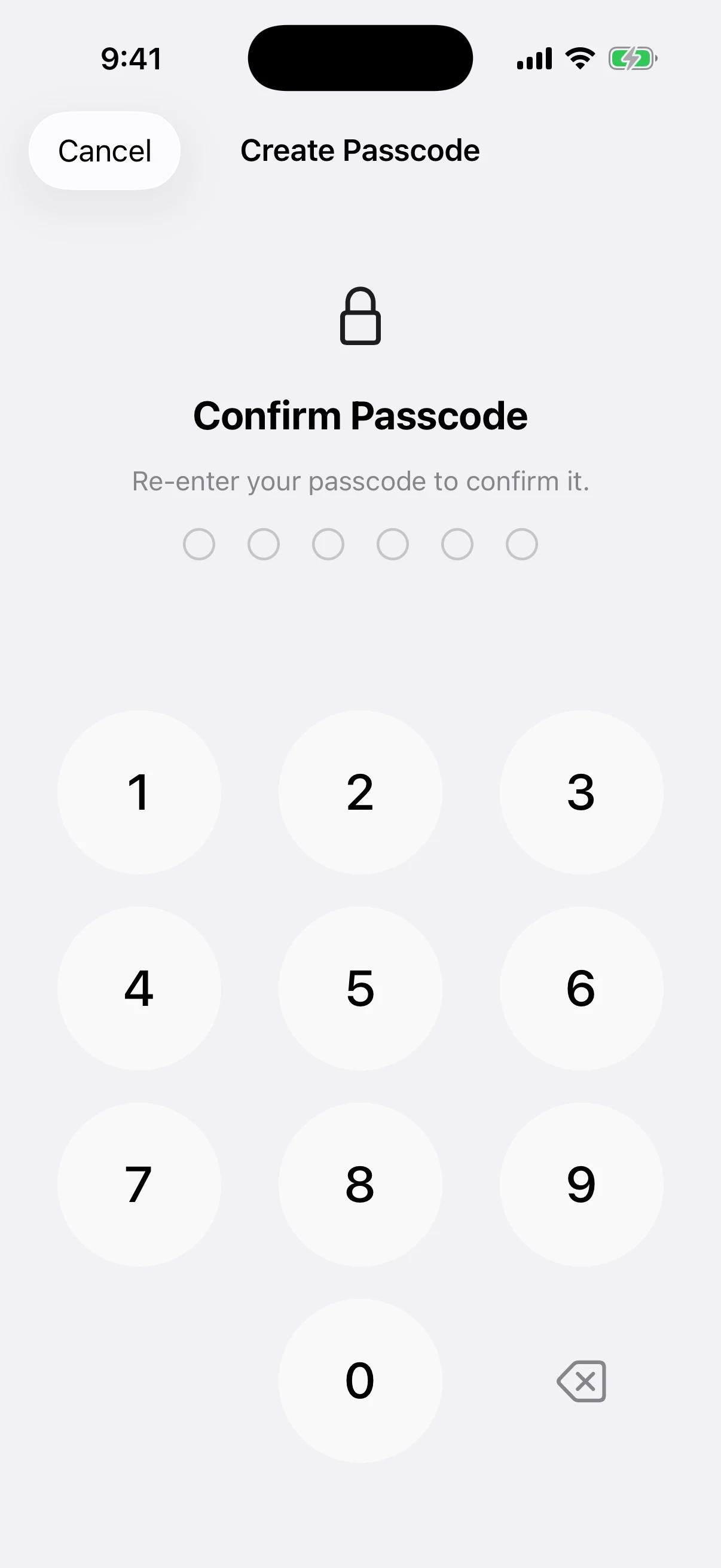 Confirm the new Aperture app passcode Real Aperture Confirm Passcode screen in the iOS Simulator before any confirmation digit is entered
