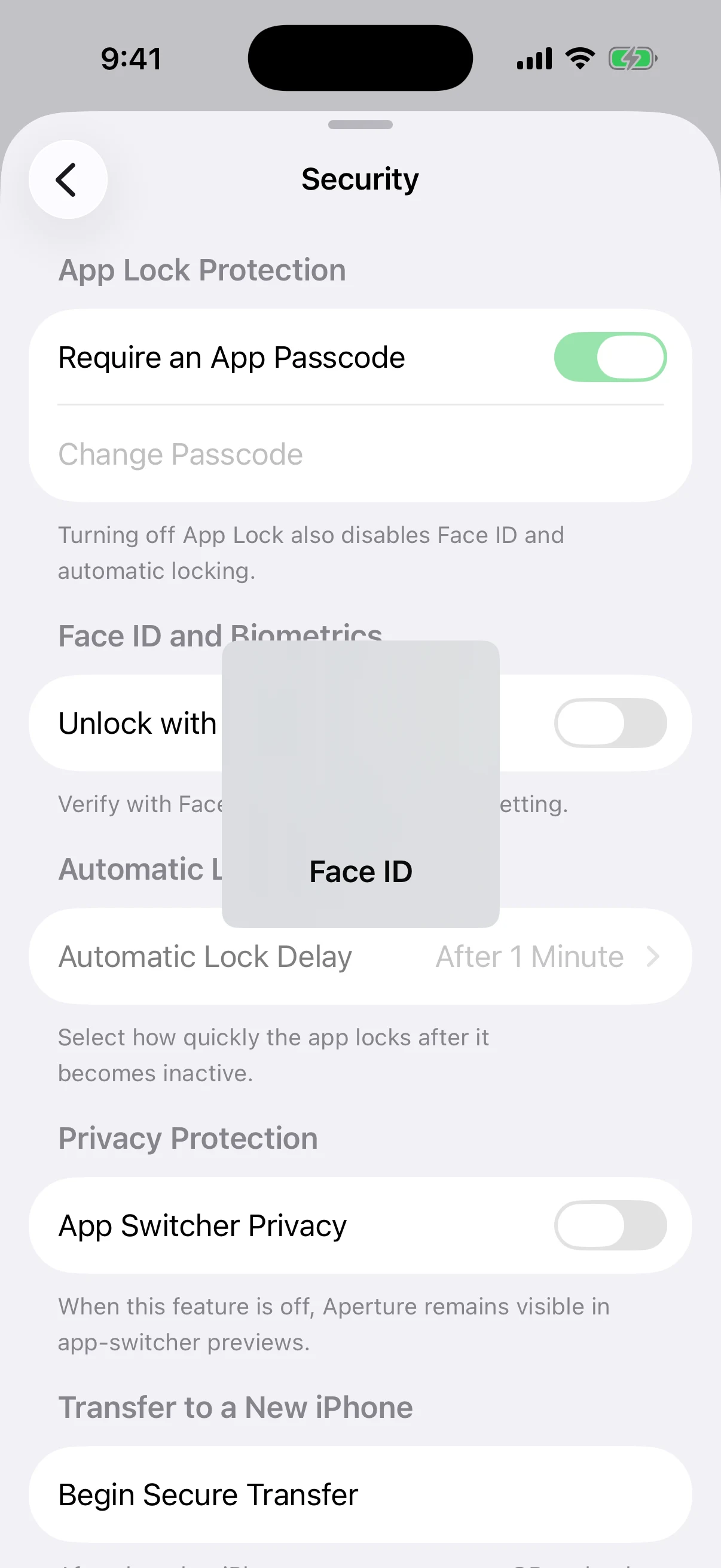 Verify with Face ID before enabling biometric unlock Real iOS Face ID verification over Aperture Security settings while biometric unlock is being enabled