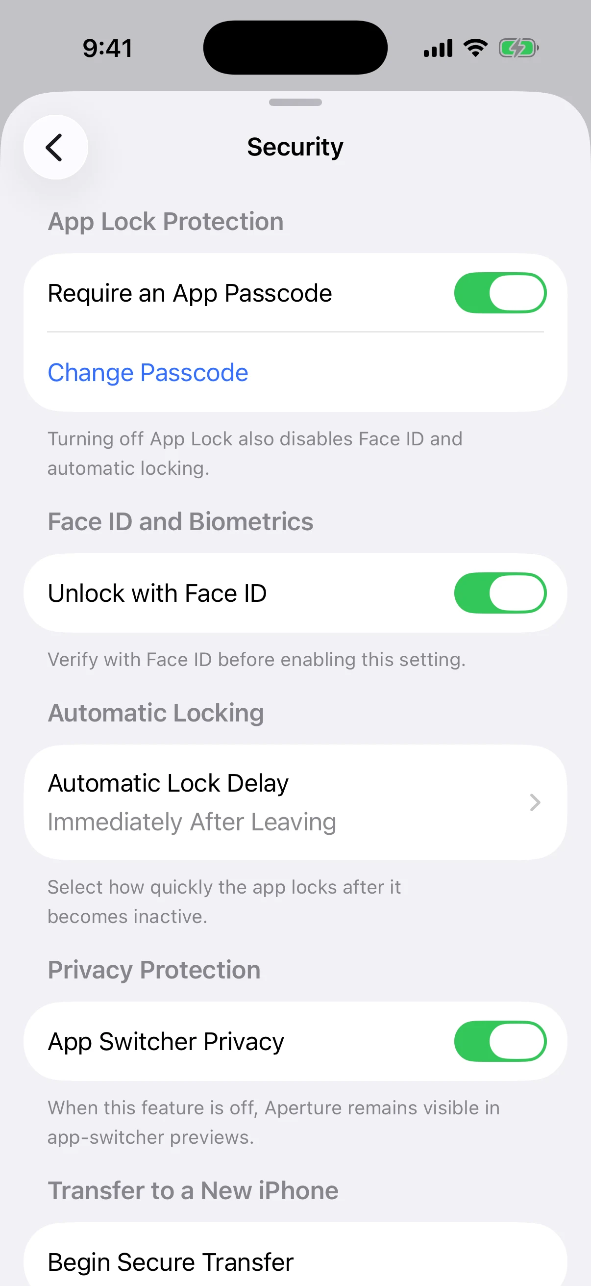 The complete layered configuration in Aperture Security settings Real Aperture Security settings with App Passcode, Face ID, immediate automatic locking, and App Switcher Privacy enabled