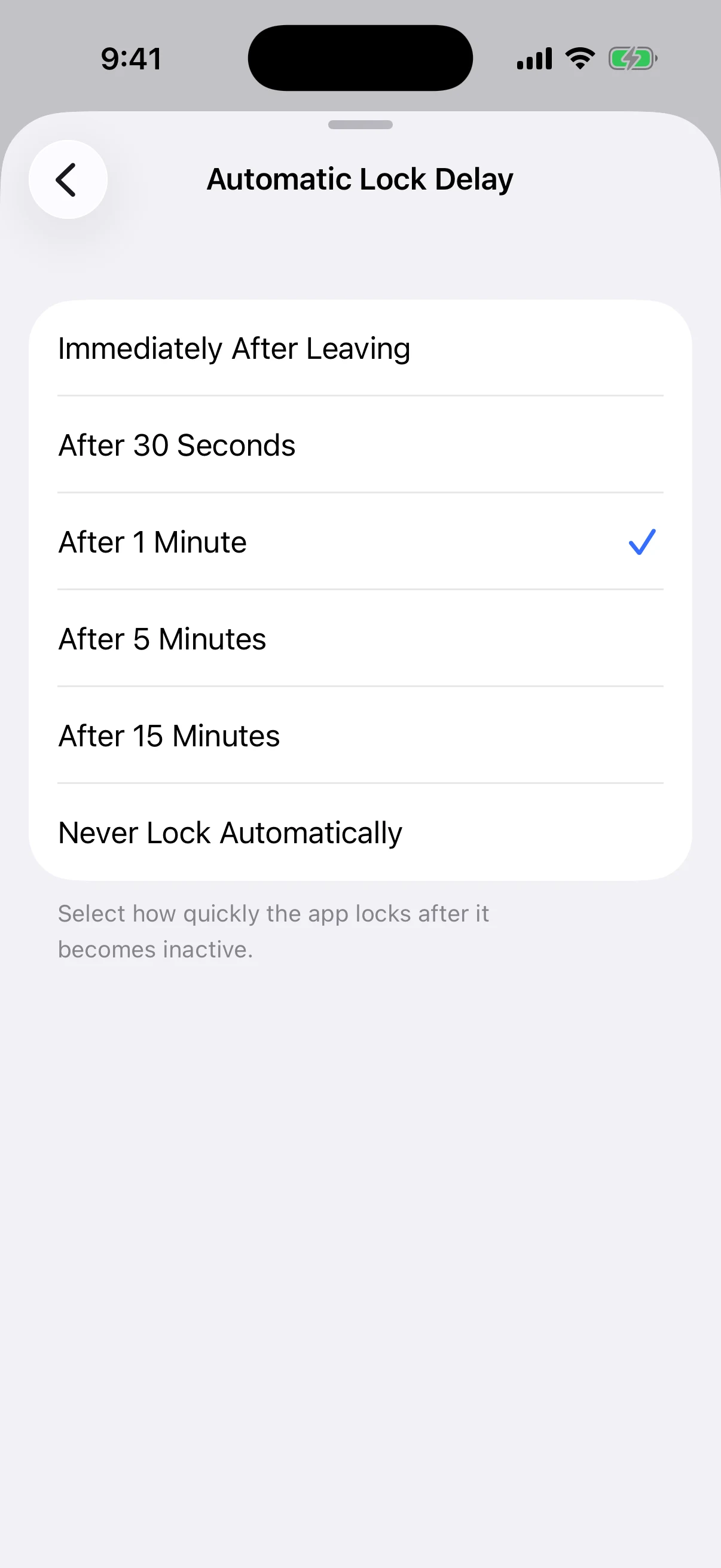All production automatic-lock timing choices Real Aperture Automatic Lock Delay screen listing immediate, timed, and never-lock choices