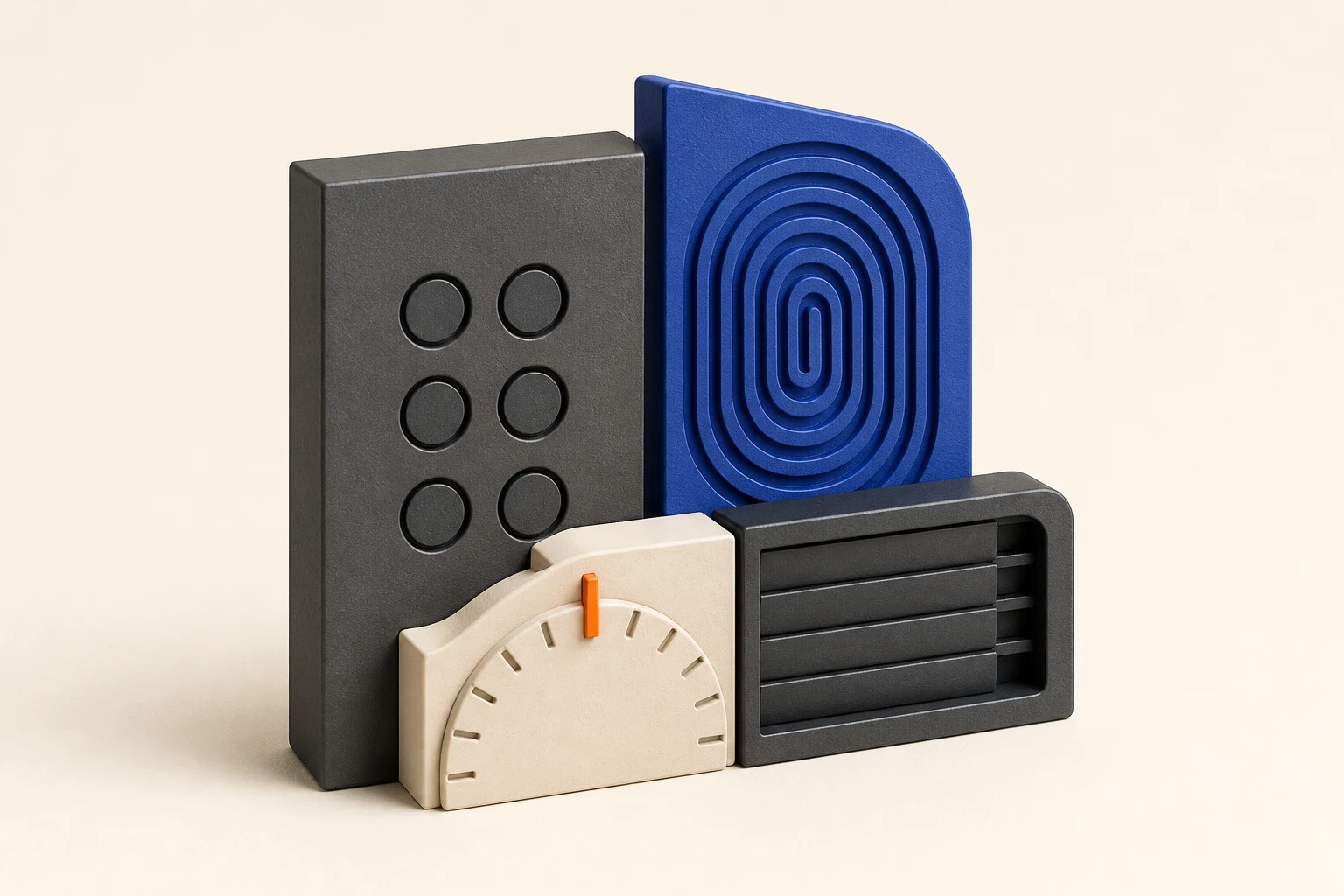 Independent editorial security sculpture with a six-dot graphite module, cobalt biometric contour, ivory timing gate, and graphite privacy shutter