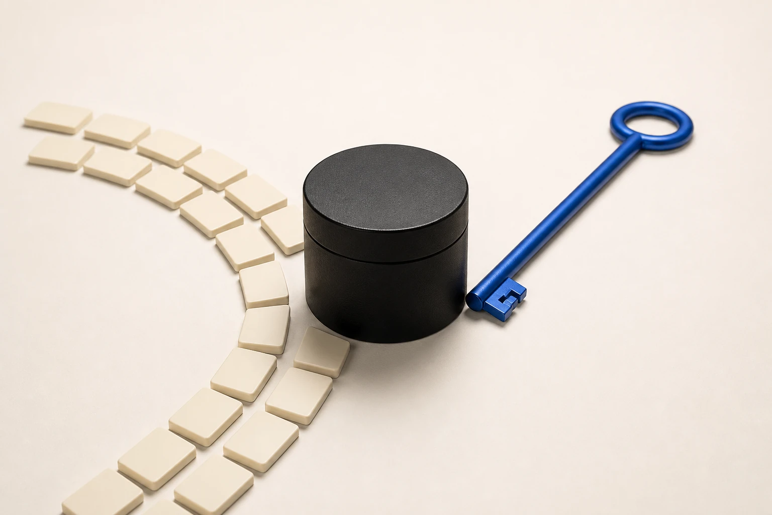 Editorial still life of blank recovery tiles and a separate blue key converging on a secure black wallet