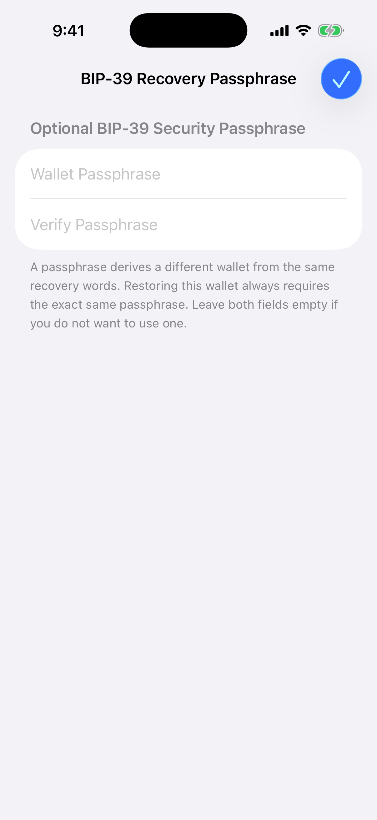 Aperture wallet creation form with secure passphrase and verification fields