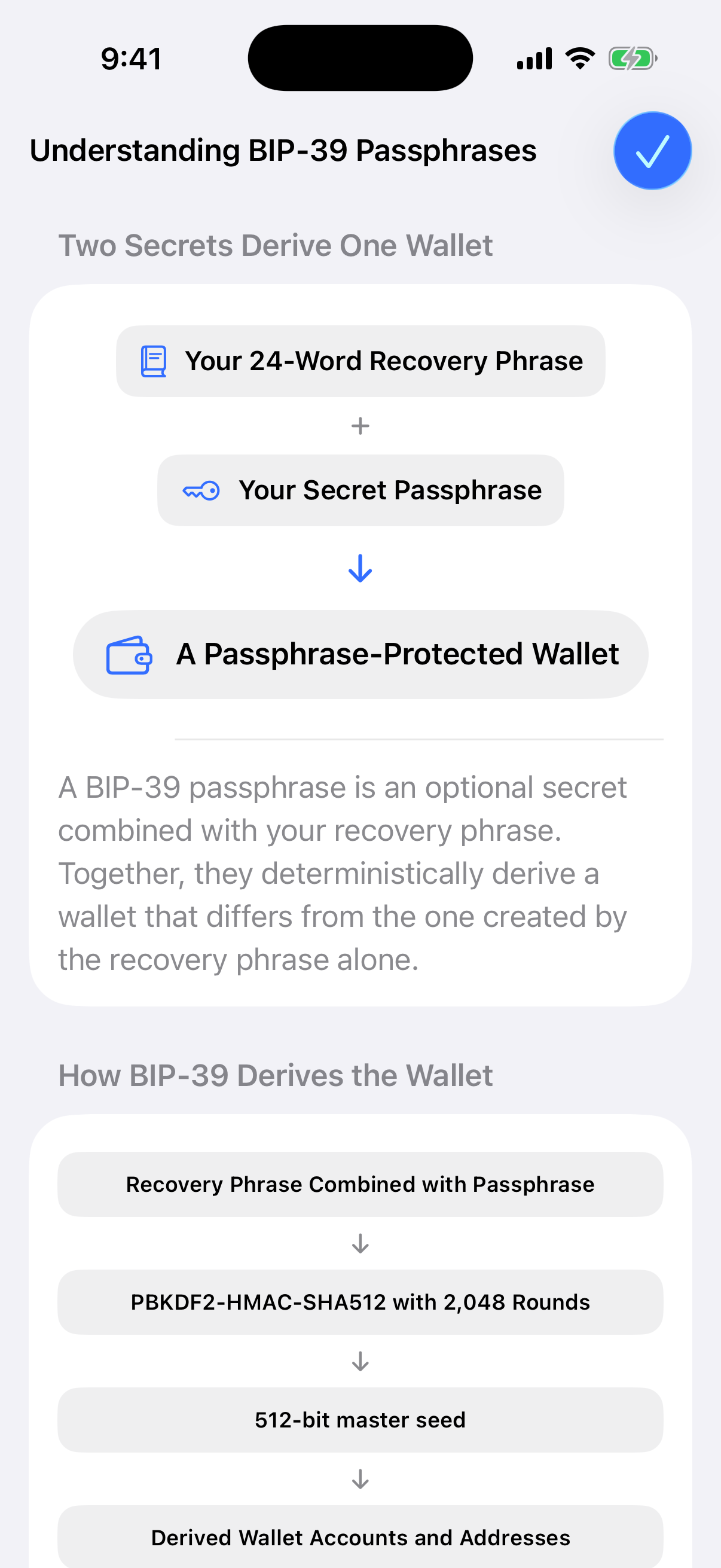 Aperture BIP-39 guide showing two secrets deriving one wallet and the seed derivation process