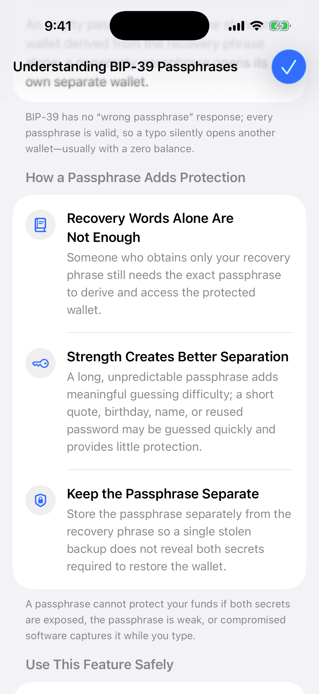 Aperture BIP-39 guide explaining strong passphrases and separate backups