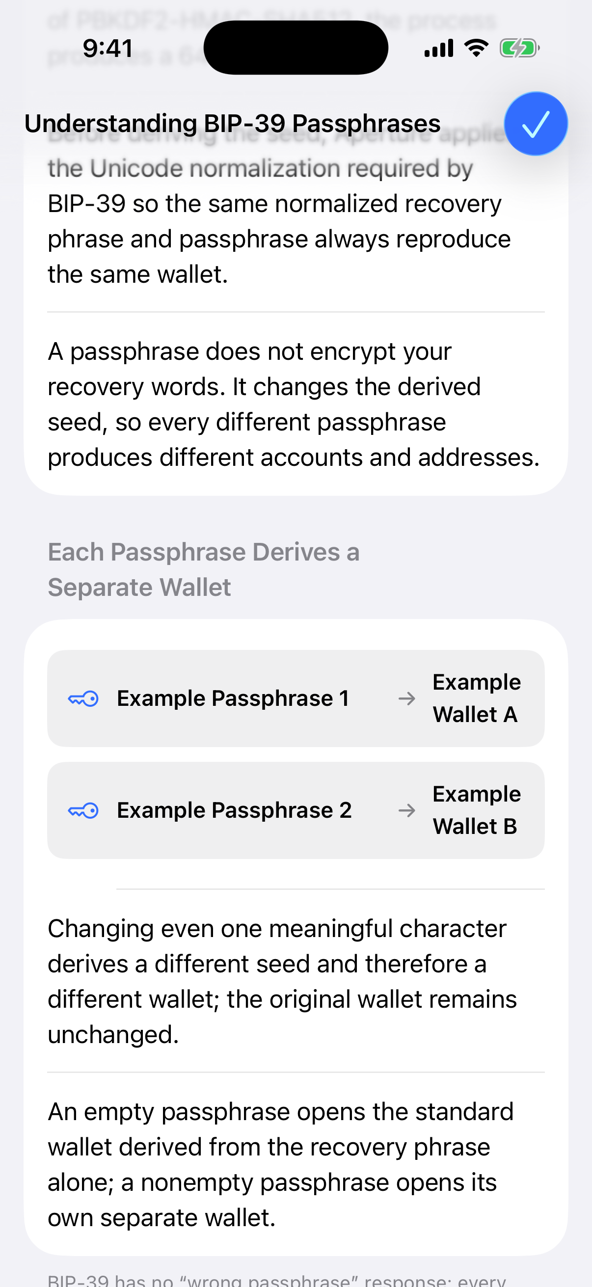 Aperture BIP-39 guide showing two passphrases deriving two separate wallets