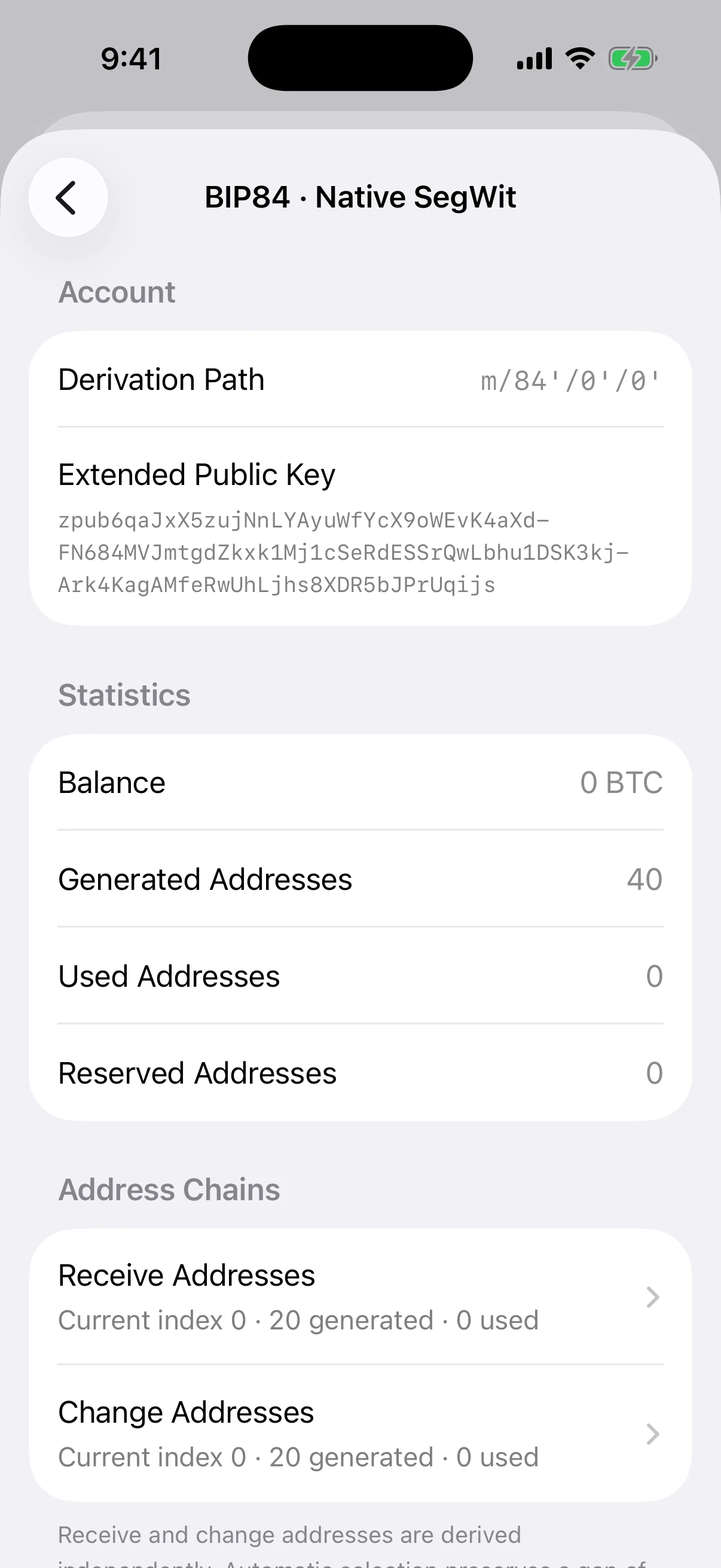 Real Aperture BIP84 account details in the iOS Simulator showing its account path, public descriptor, and separate receive and change chains