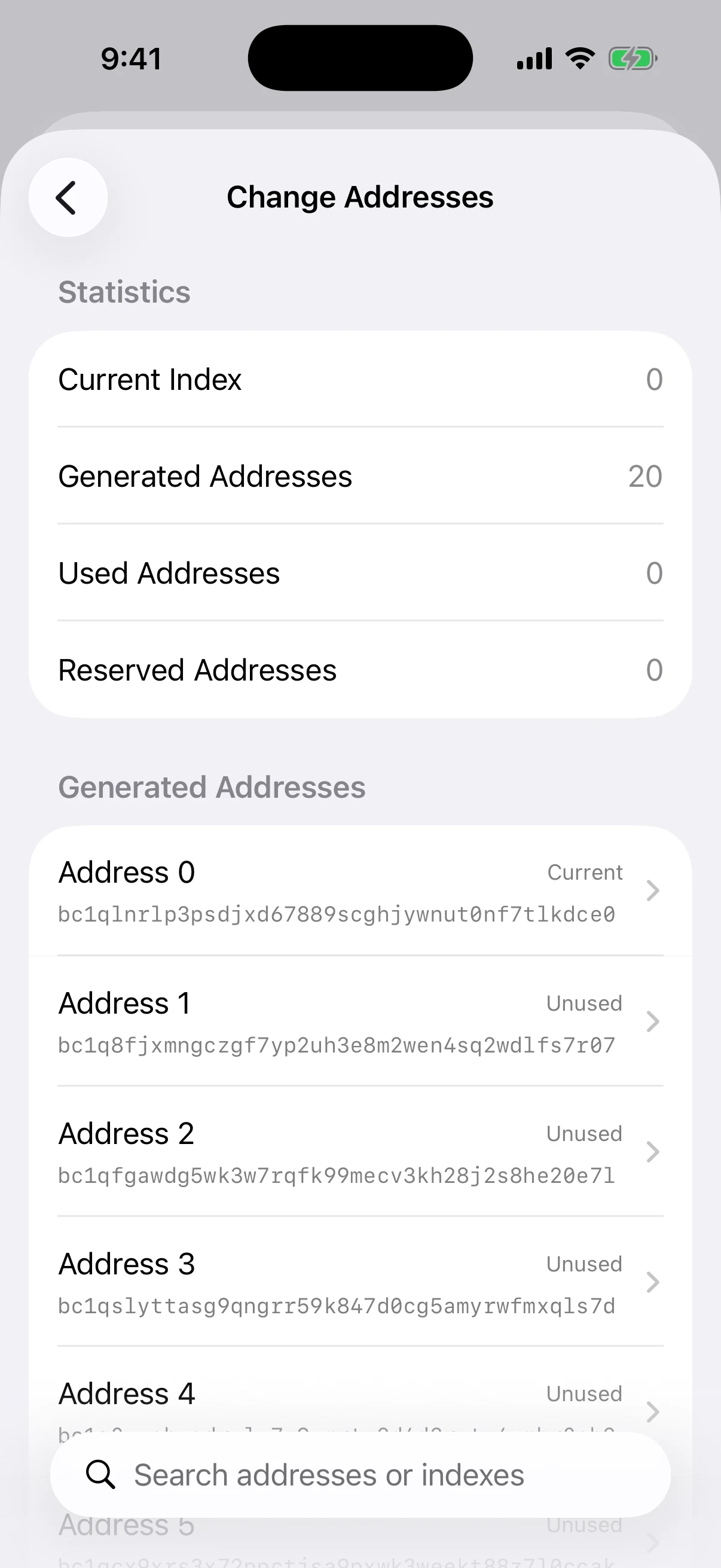 Real Aperture Change Addresses screen in the iOS Simulator showing a separate pool of internal BIP84 change addresses