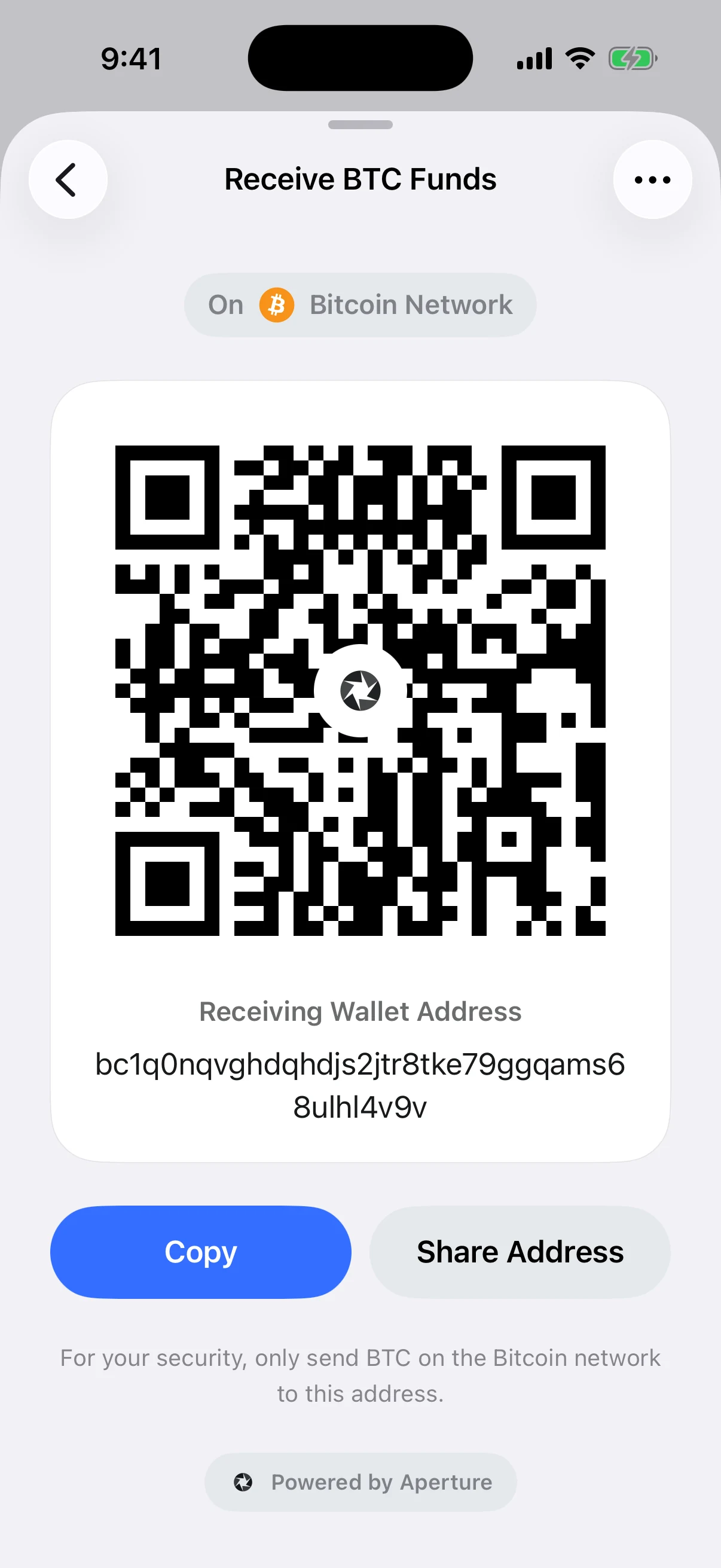 Real Aperture Bitcoin Receive screen in the iOS Simulator showing a fresh BIP84 Native SegWit address from an empty article-only wallet