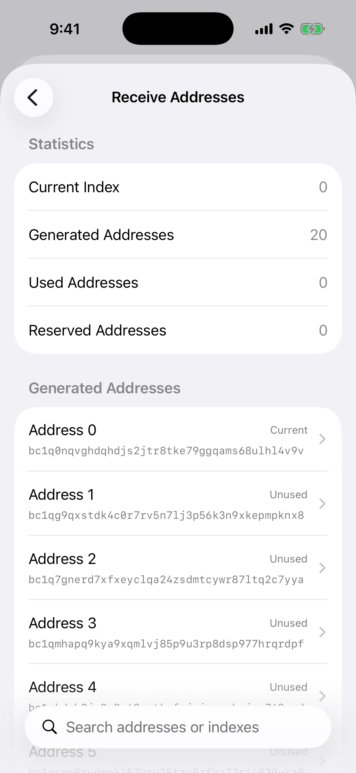 Real Aperture Receive Addresses screen in the iOS Simulator showing the current BIP84 address and an ordered pool of unused public addresses