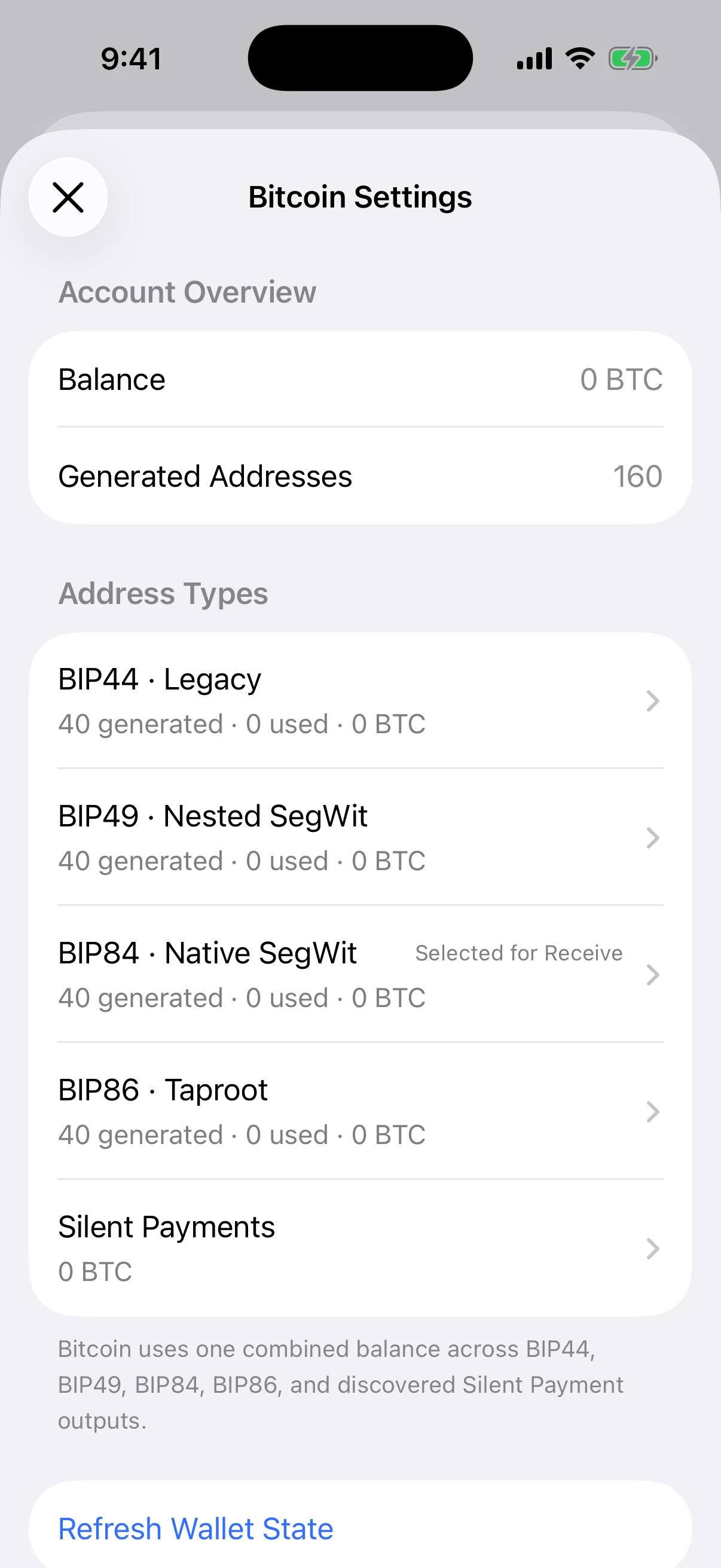 Real Aperture Bitcoin Settings screen in the iOS Simulator showing 160 generated addresses across BIP44, BIP49, BIP84, and BIP86