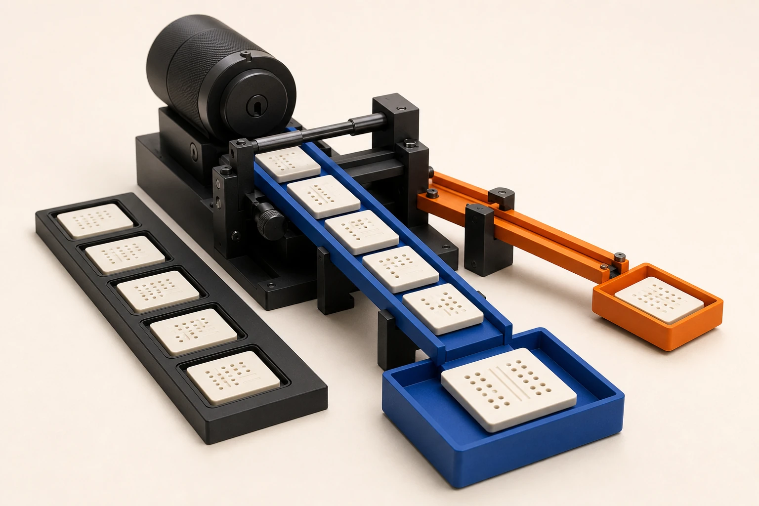 Independent editorial sculpture of one deterministic Bitcoin key feeding unique receiving tiles along a blue external rail and a separate orange change rail