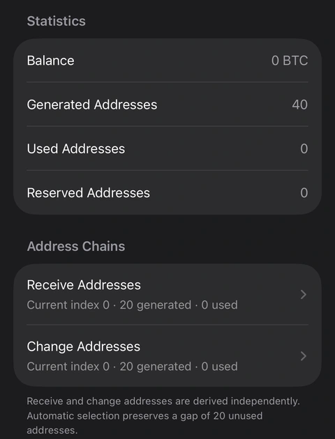 A cropped real Aperture Native SegWit account screen showing statistics and separate receive and change chains.