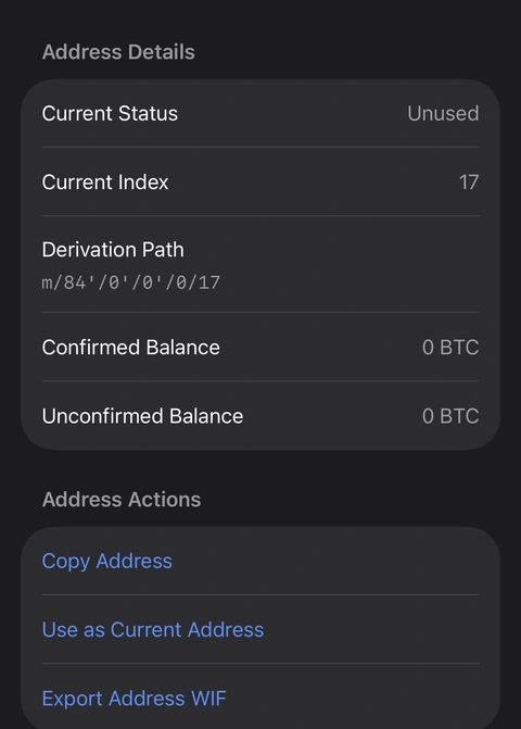 Cropped Aperture address details for Native SegWit receive index 17, with its derivation path and Use as Current Address action.