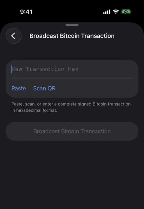 The real Aperture Broadcast Bitcoin Transaction tool with an empty raw-hex field and a disabled broadcast action.