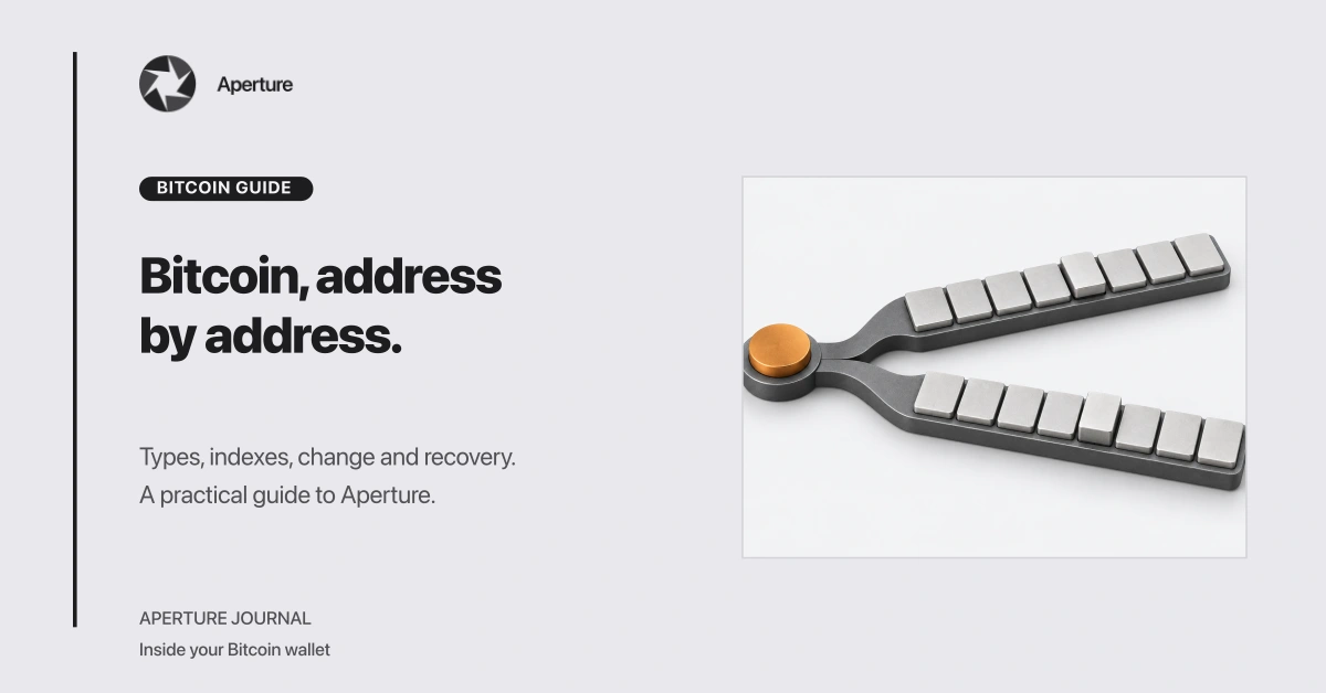 Aperture Bitcoin guide: a graphite rail branches into two rows of silver address tiles, within the approved gray Aperture editorial layout.
