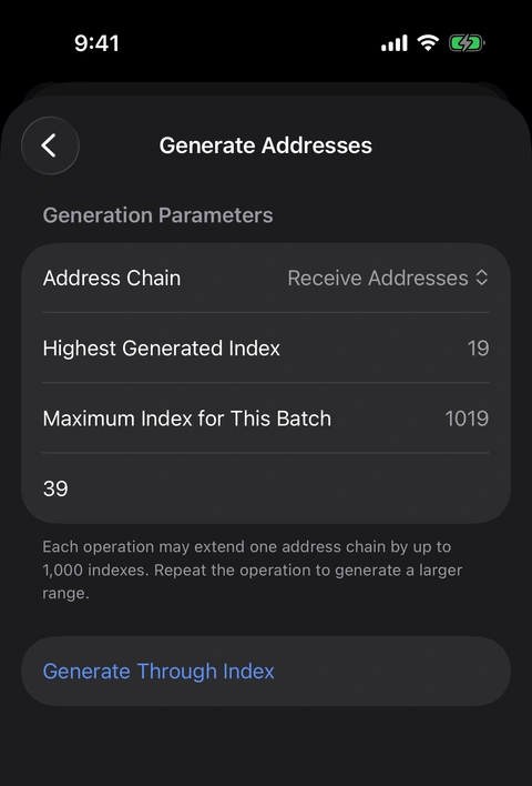 Aperture Generate Addresses screen showing highest index 19, batch maximum 1019, and target index 39.