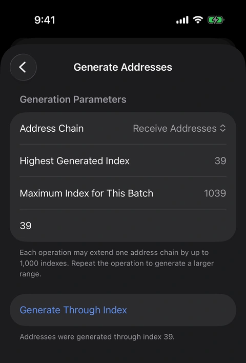 Aperture confirms that receiving addresses were generated through index 39 and updates the batch ceiling to 1039.