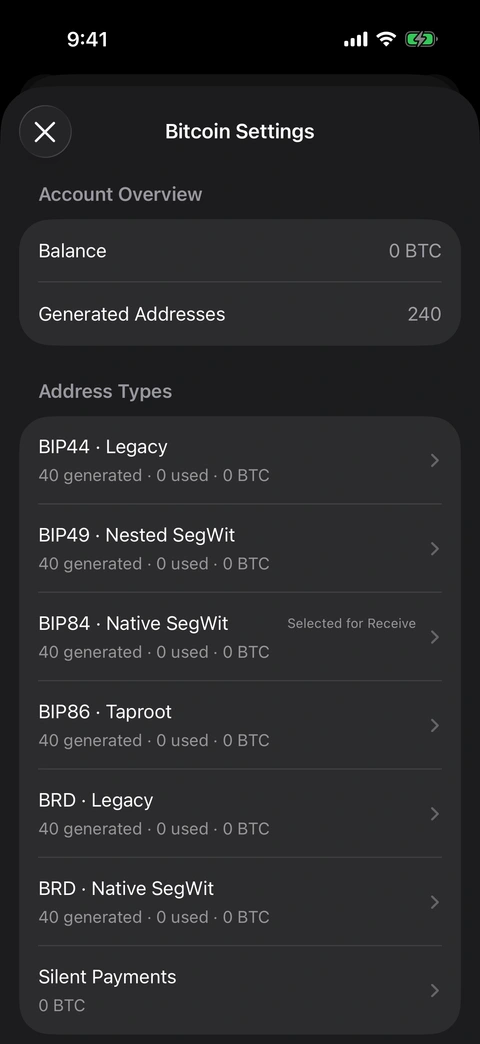 Bitcoin Settings in Aperture, showing six address families and Silent Payments.
