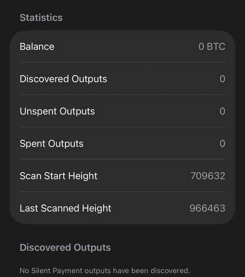 Cropped real Aperture Silent Payments statistics, including output counts and scan heights for an empty wallet.