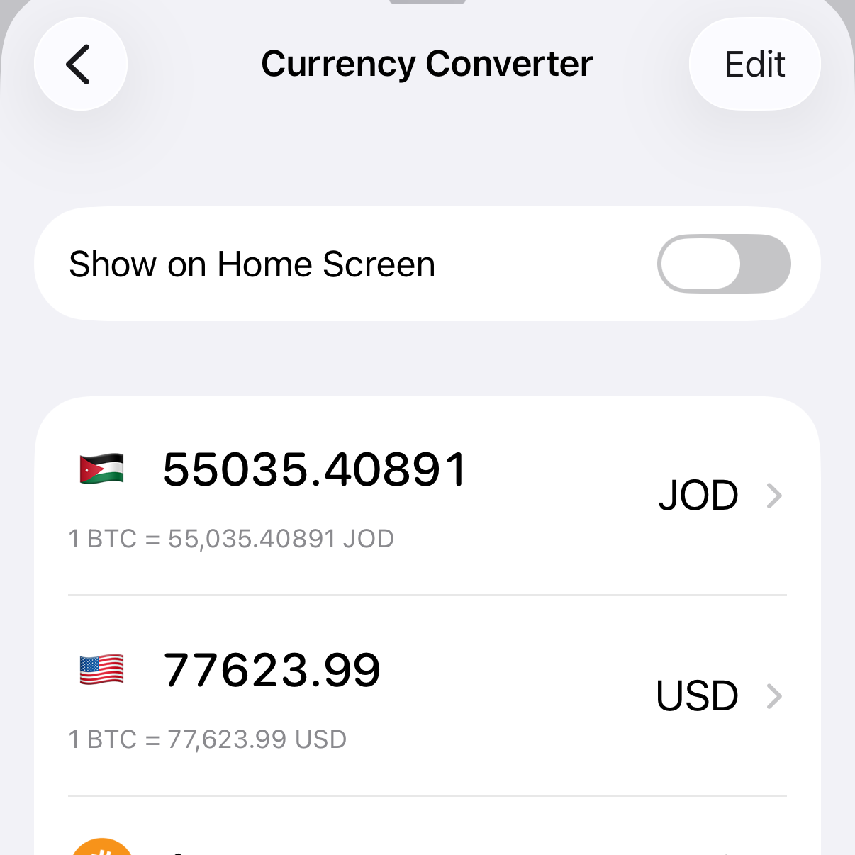 Aperture Currency Converter showing one Bitcoin expressed in Jordanian dinar and US dollars