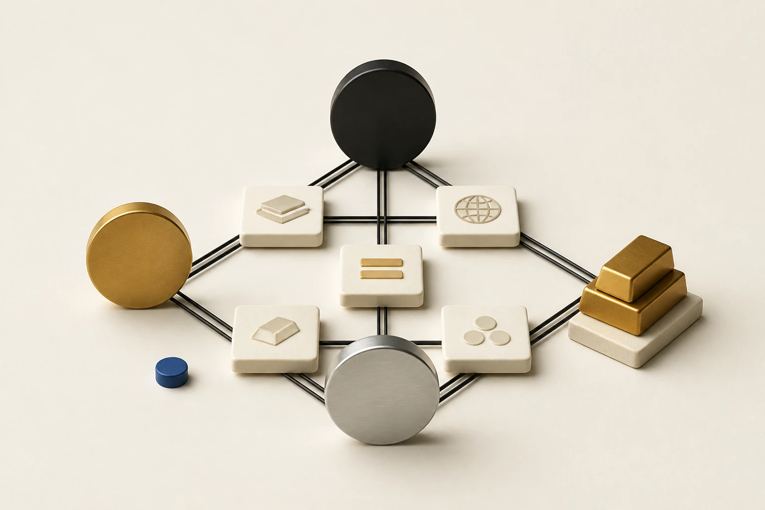 Editorial still life of generic digital, fiat, silver, and gold forms connected in a conversion network