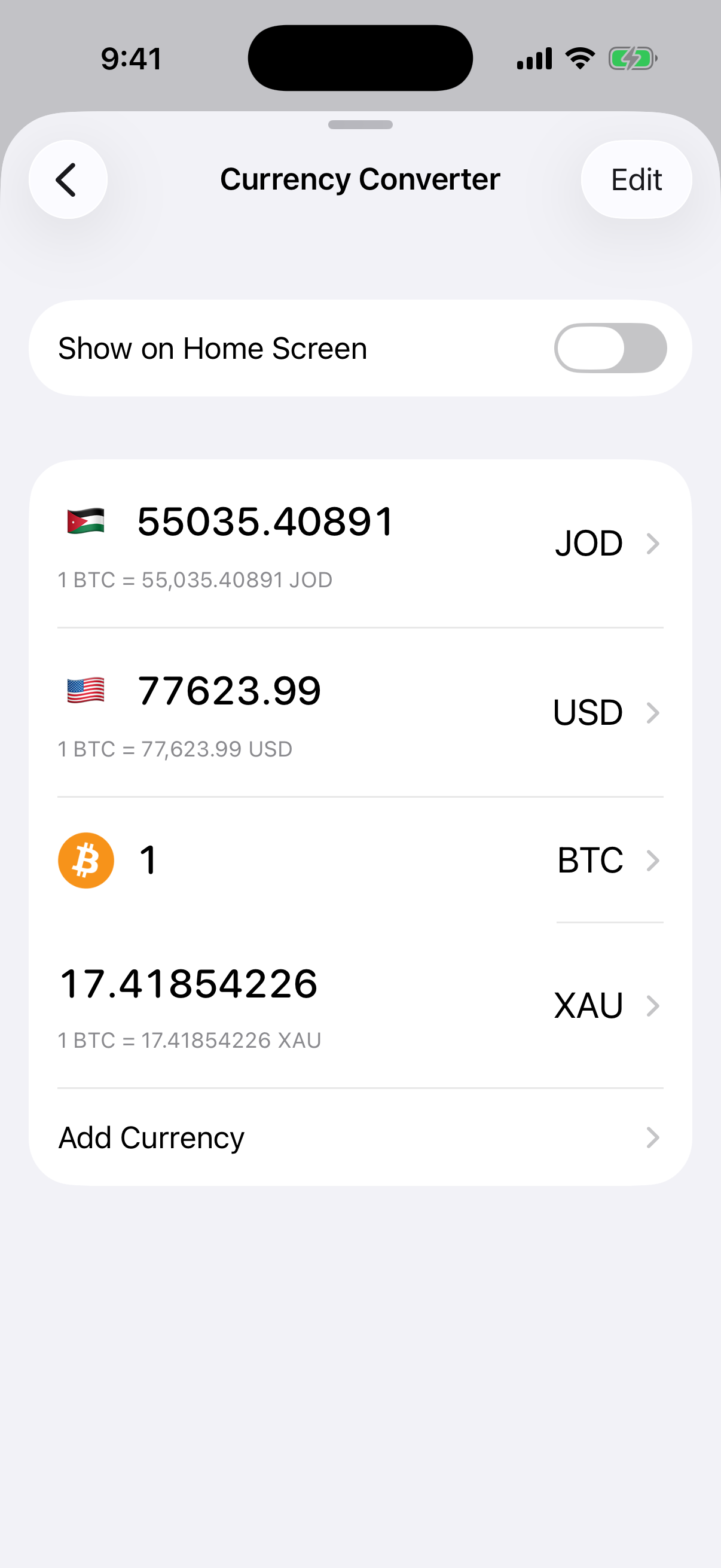 Aperture Currency Converter showing one Bitcoin converted to Jordanian dinar, US dollars, and gold