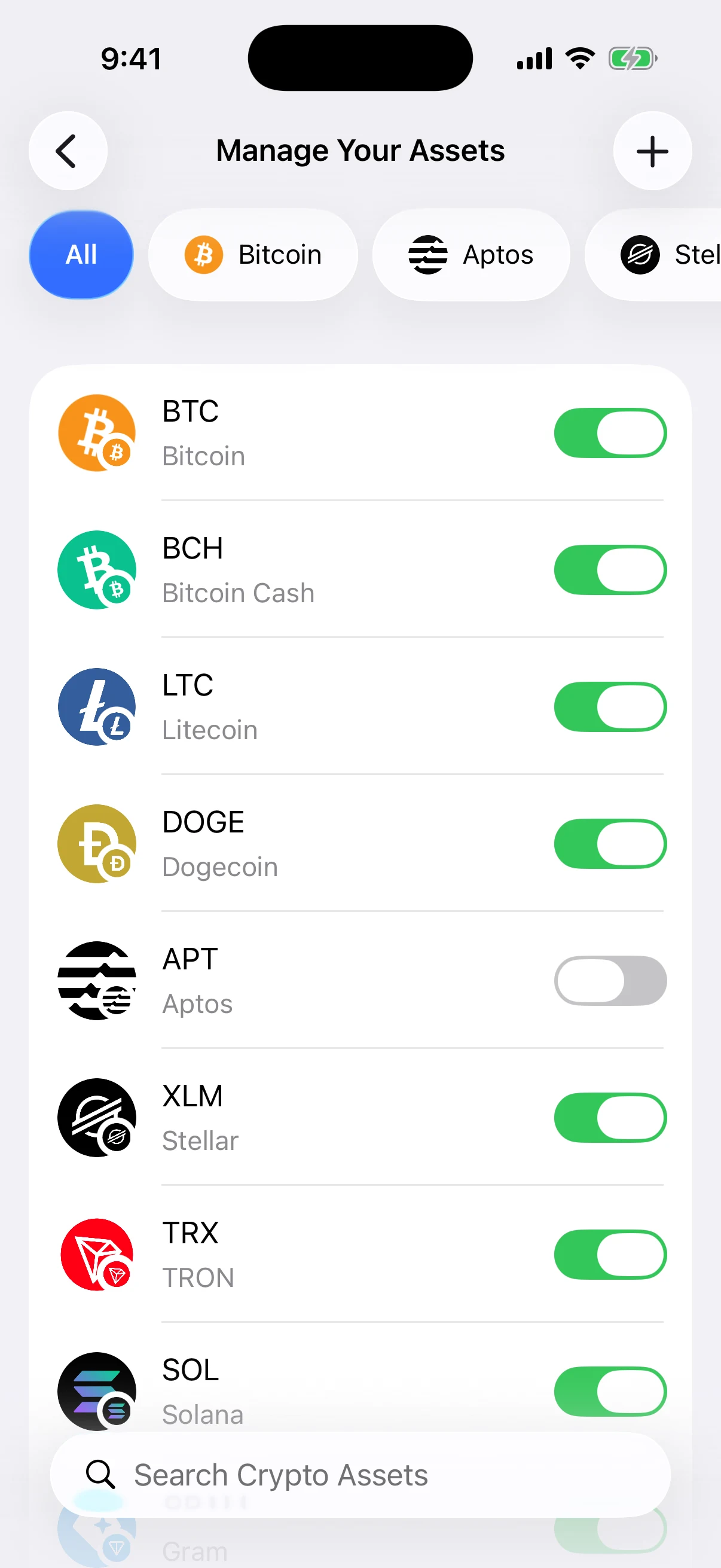 Real Aperture Manage Your Assets screen in the iOS Simulator with the custom-token add control