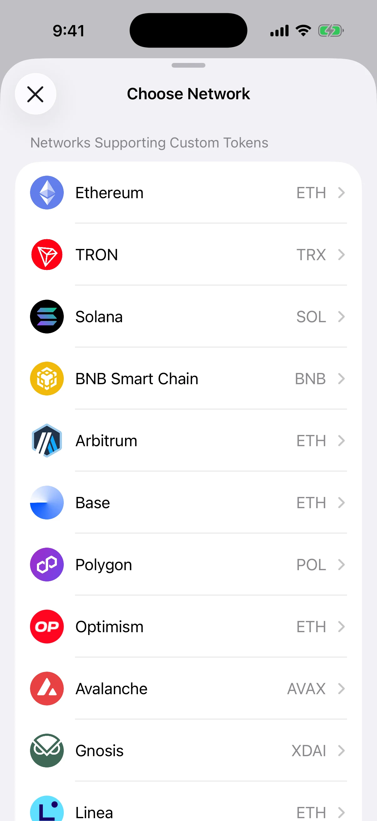 Real Aperture custom-token network picker showing supported mainnets in the iOS Simulator