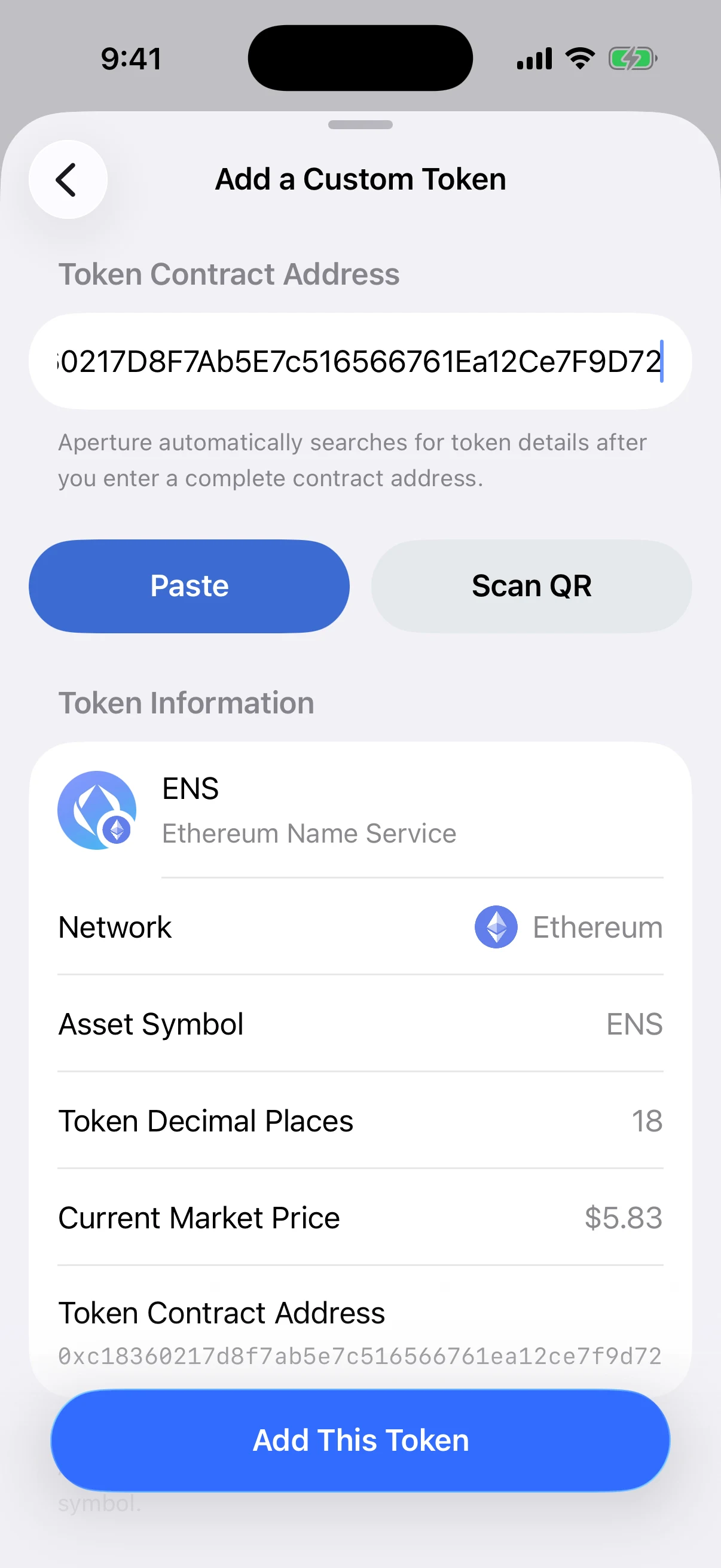 Real Aperture token review showing the ENS name, symbol, Ethereum network, 18 decimal places, market price, and normalized contract address