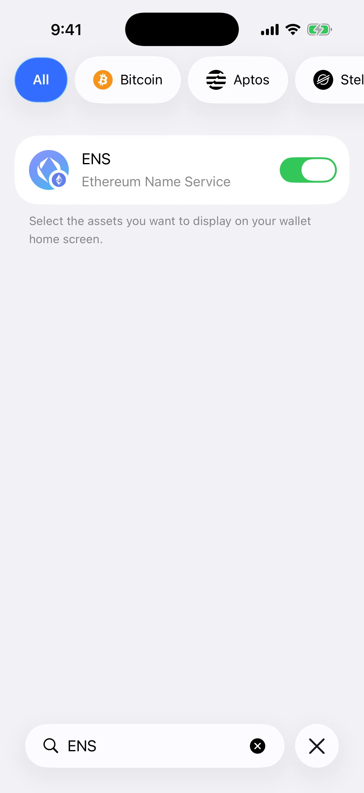 Real Aperture Manage Your Assets search result showing Ethereum Name Service enabled after the verified contract was added