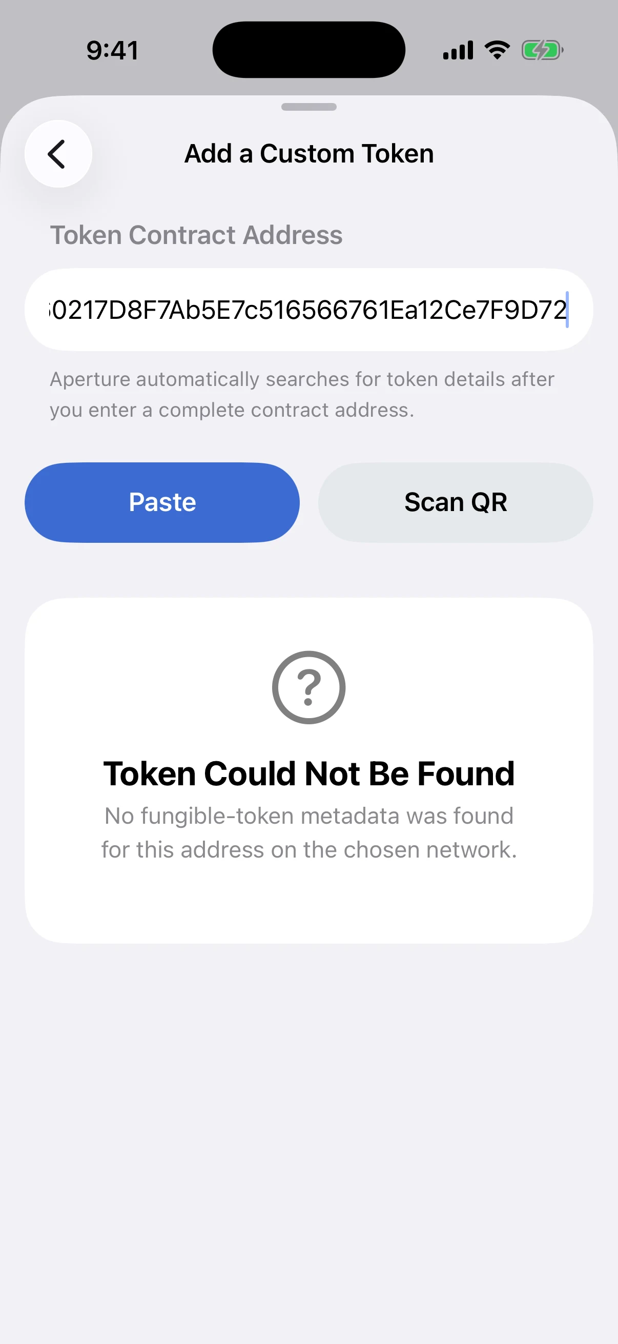 Real Aperture lookup result showing that the official ENS Ethereum contract address is not found when the Base network is selected
