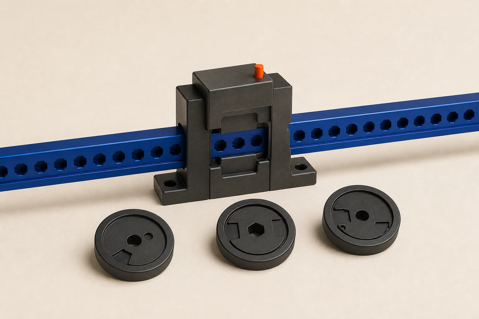 Independent editorial still life of a cobalt address rail passing through a graphite network gate beside three differently keyed blank token discs