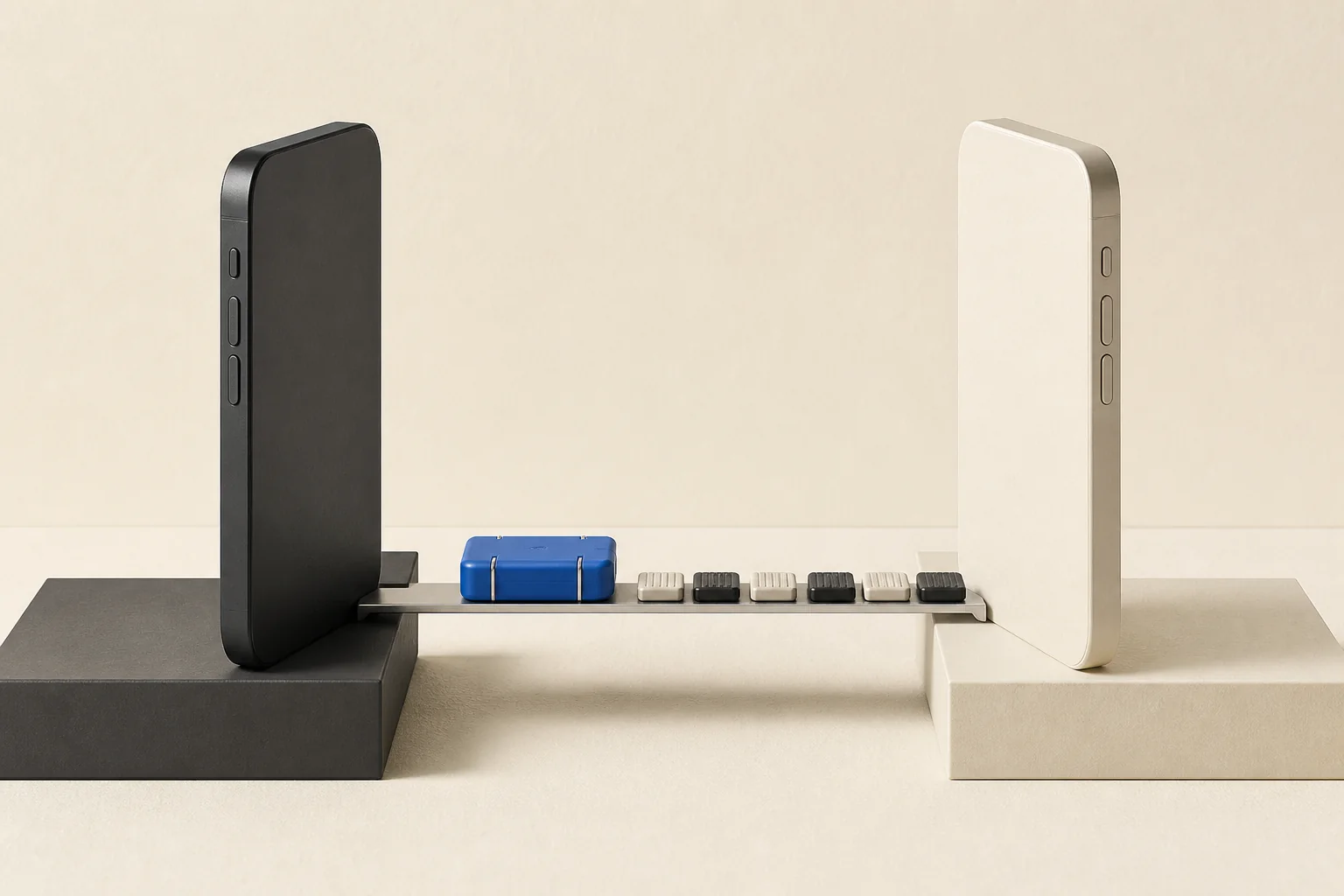 Editorial still life of two phone-shaped objects connected directly by a bridge carrying a sealed blue data capsule