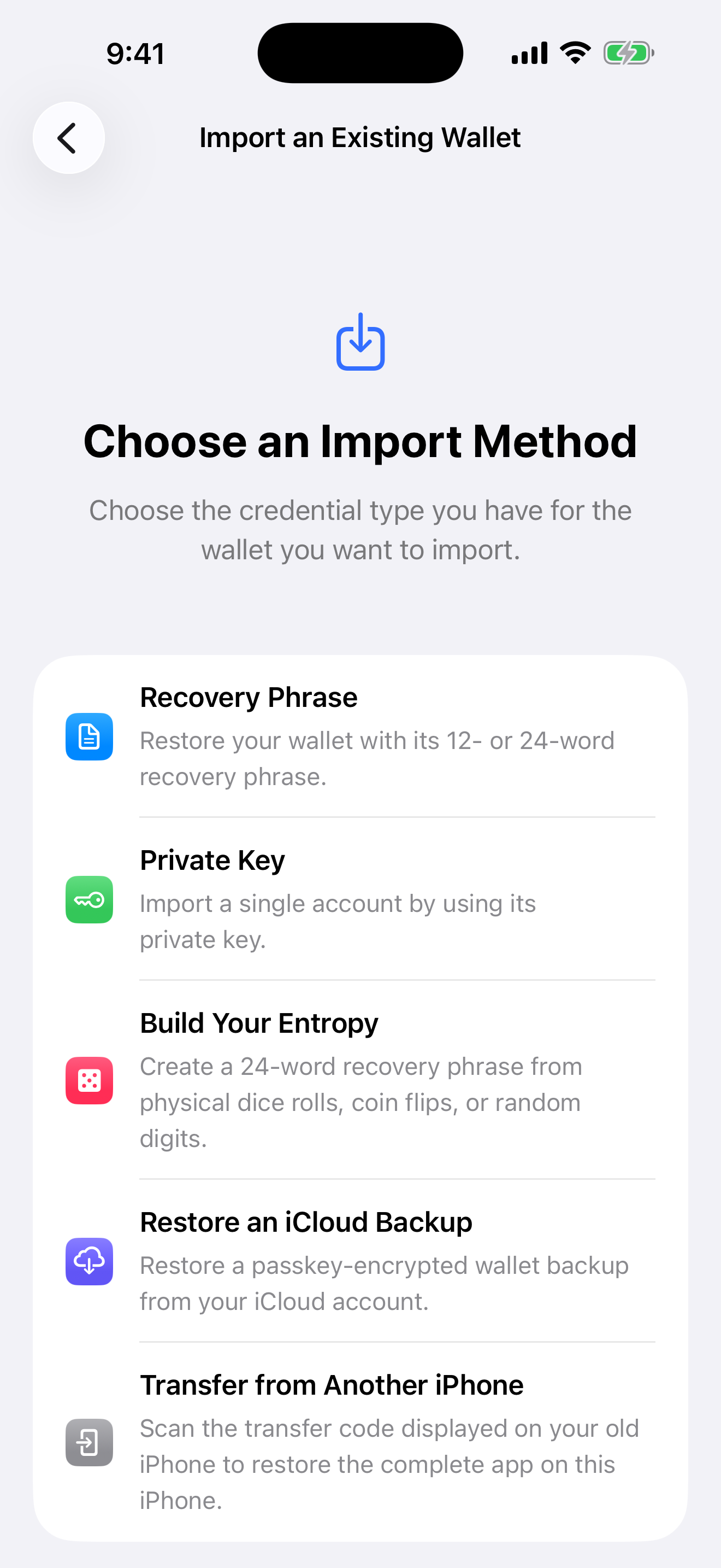 The real destination-iPhone import choice Aperture clean setup showing Transfer from Another iPhone among the import methods