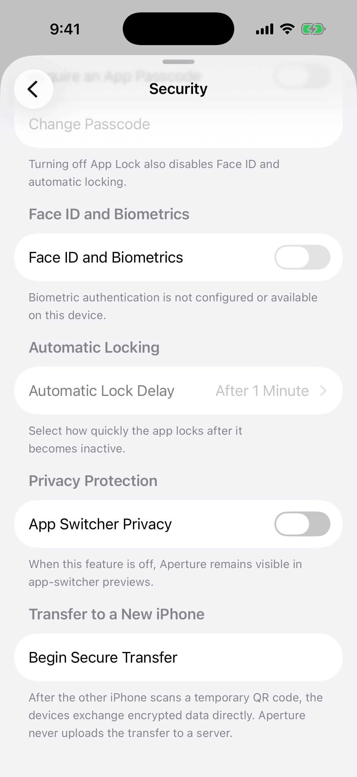 The real source-iPhone transfer entry point Aperture Security settings showing the Transfer to a New iPhone section and Begin Secure Transfer action