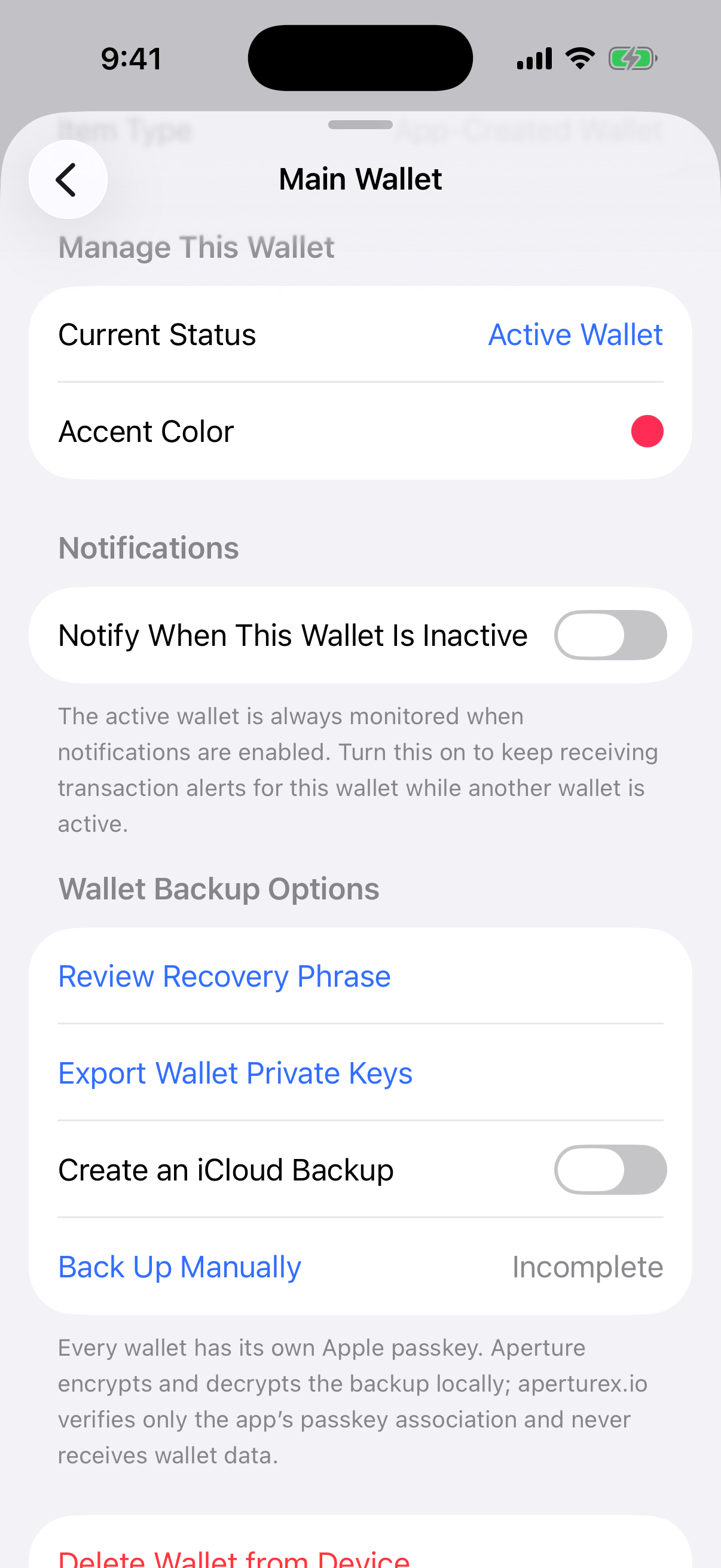 Aperture wallet settings showing iCloud Backup and manual backup options