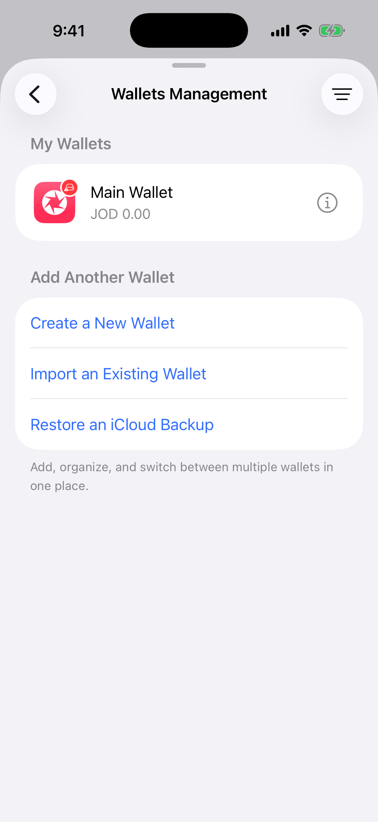Aperture Wallets Management showing the Restore an iCloud Backup action