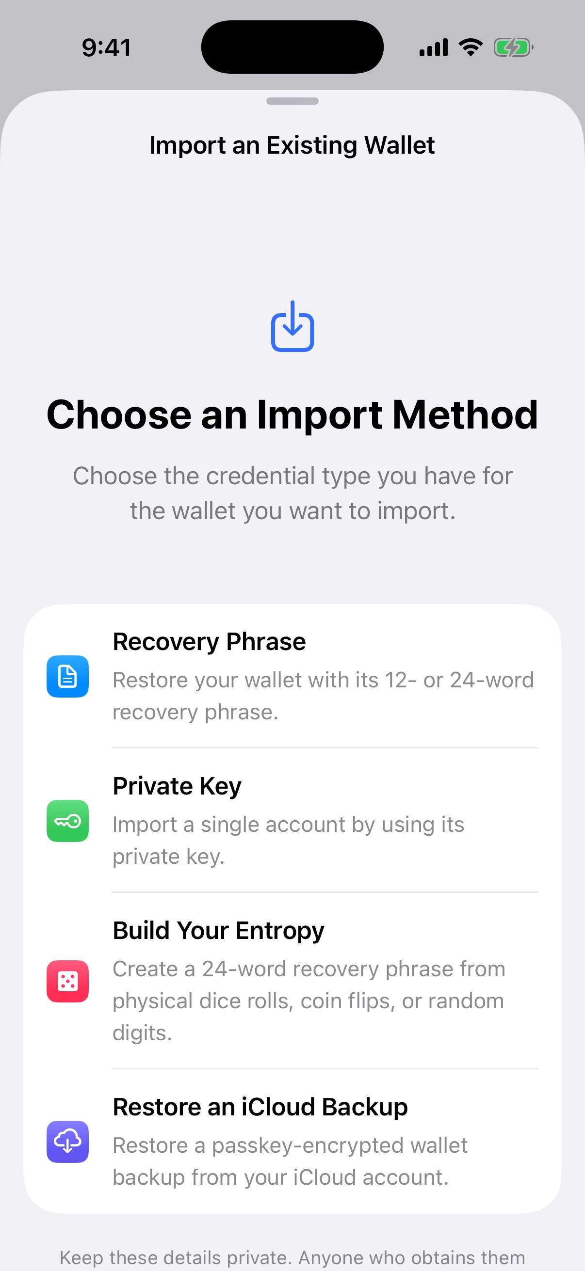 Real Aperture import screen on an existing wallet installation showing Recovery Phrase, Private Key, Build Your Entropy, and Restore an iCloud Backup