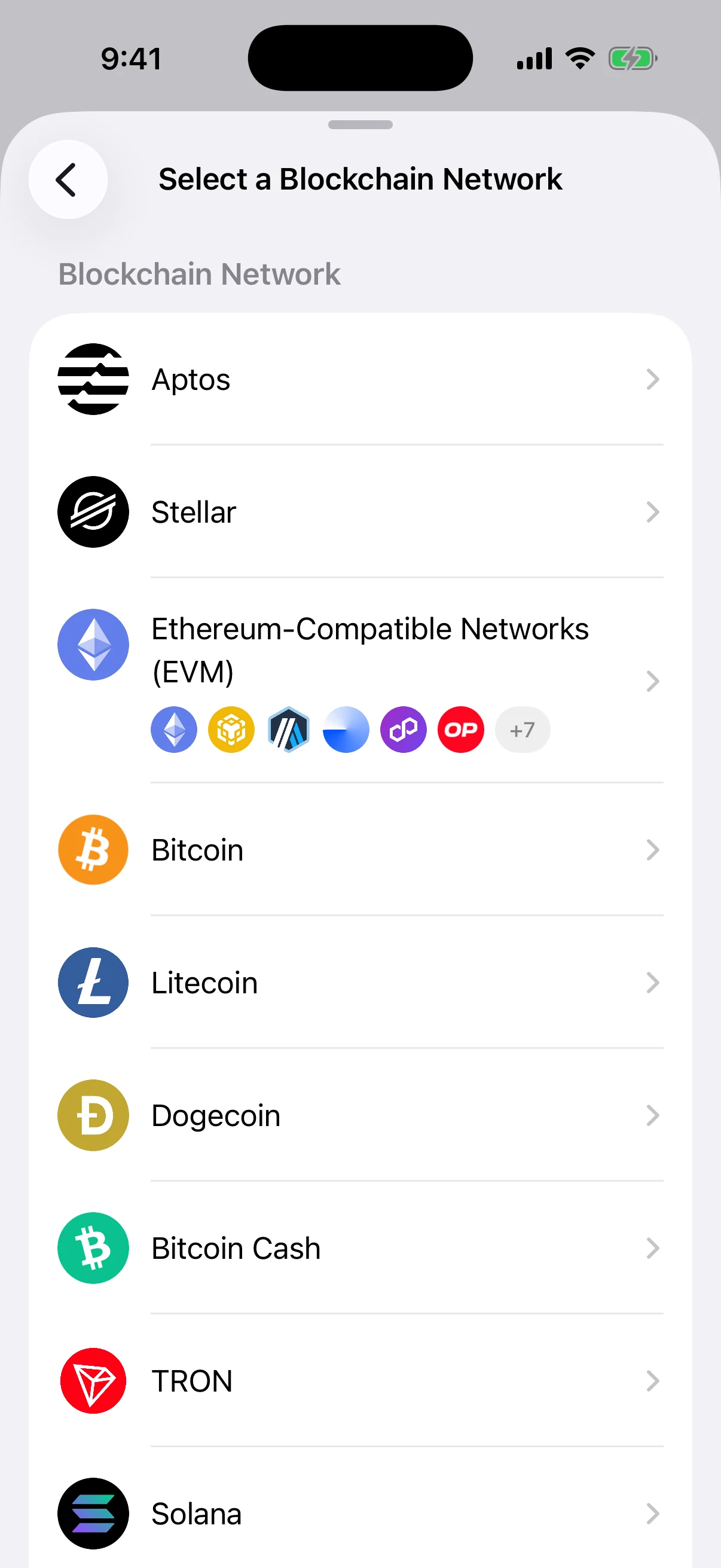 Real Aperture private-key network selector showing Aptos, Stellar, EVM networks, Bitcoin, Litecoin, Dogecoin, Bitcoin Cash, TRON, and Solana