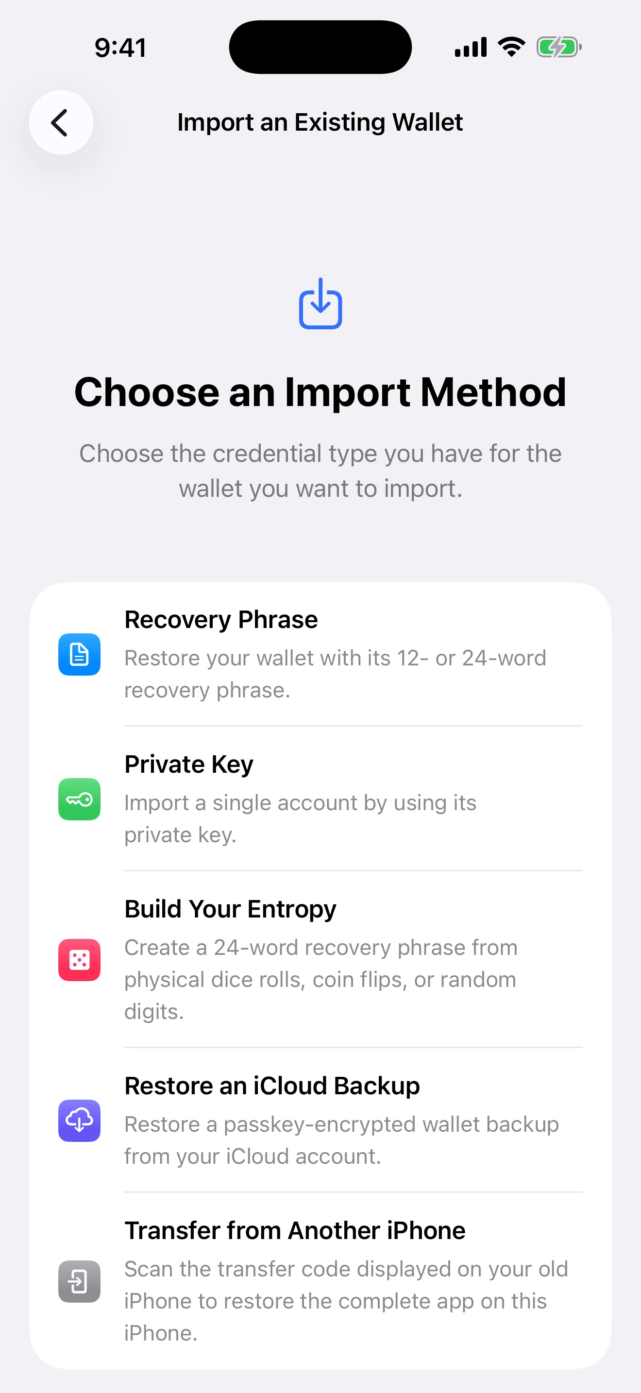 Real Aperture clean-device import screen showing Recovery Phrase, Private Key, iCloud Backup, and Transfer from Another iPhone