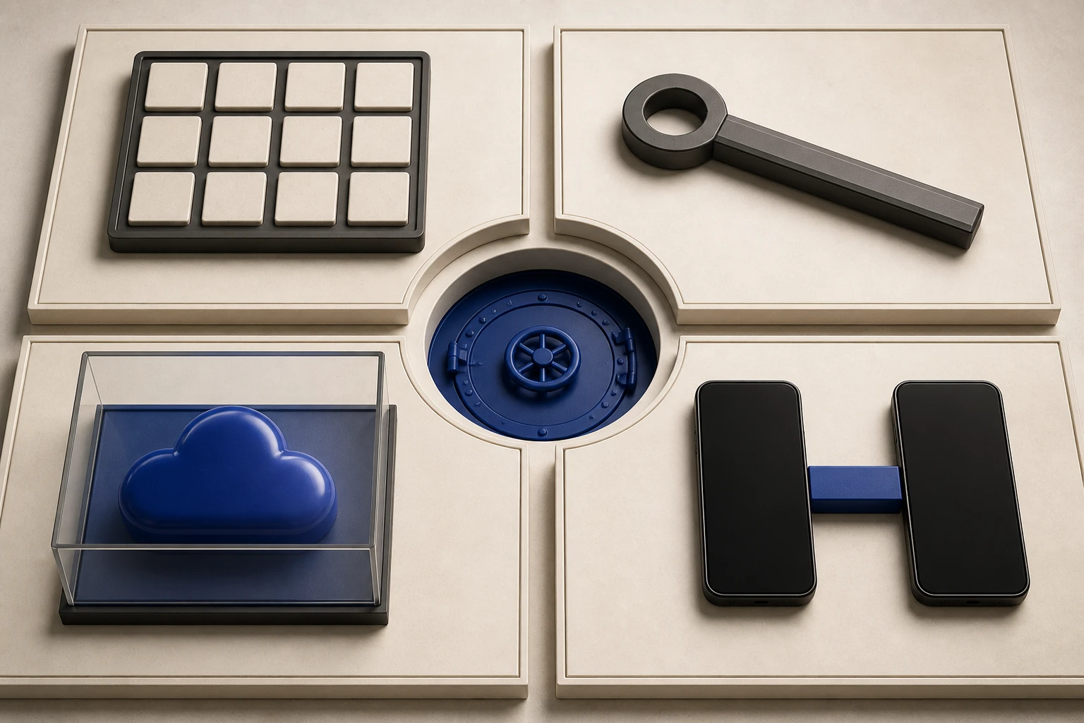 Editorial decision board presenting recovery tiles, a cryptographic key, an encrypted cloud capsule, and two directly connected phones around one secure vault