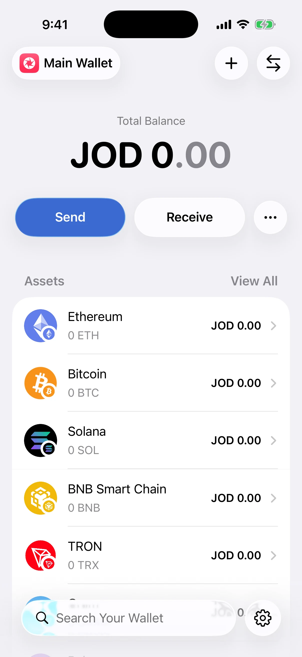 Real Aperture home screen in the iOS Simulator showing Ethereum, Bitcoin, Solana, BNB Smart Chain, and TRON assets in one wallet